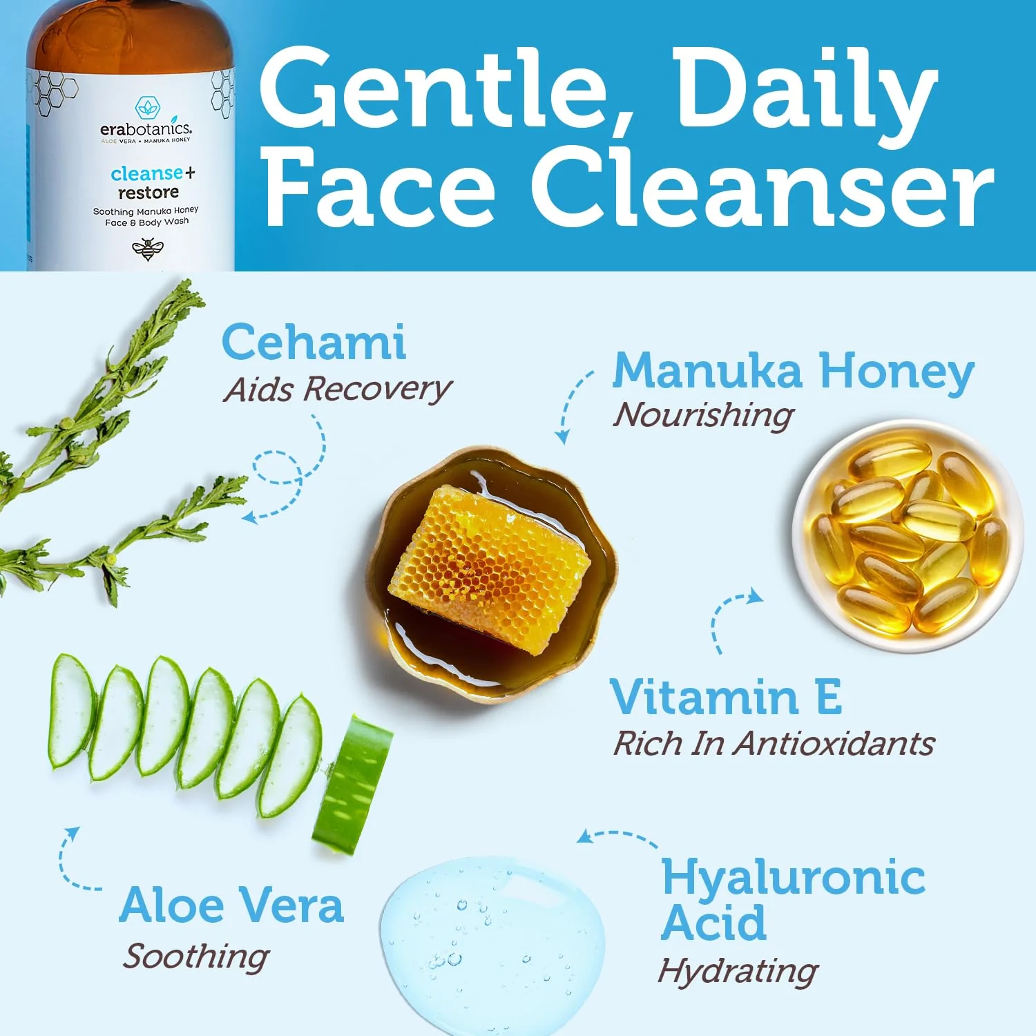 Era Organics Manuka Honey Face Wash for Sensitive Skin - Sulfate Free Gentle Cleanser with Organic Aloe Vera, Hyaluronic Acid & More - Soothing & Moisturizing for Dry Skin - Made in USA (8 oz) - Image 6
