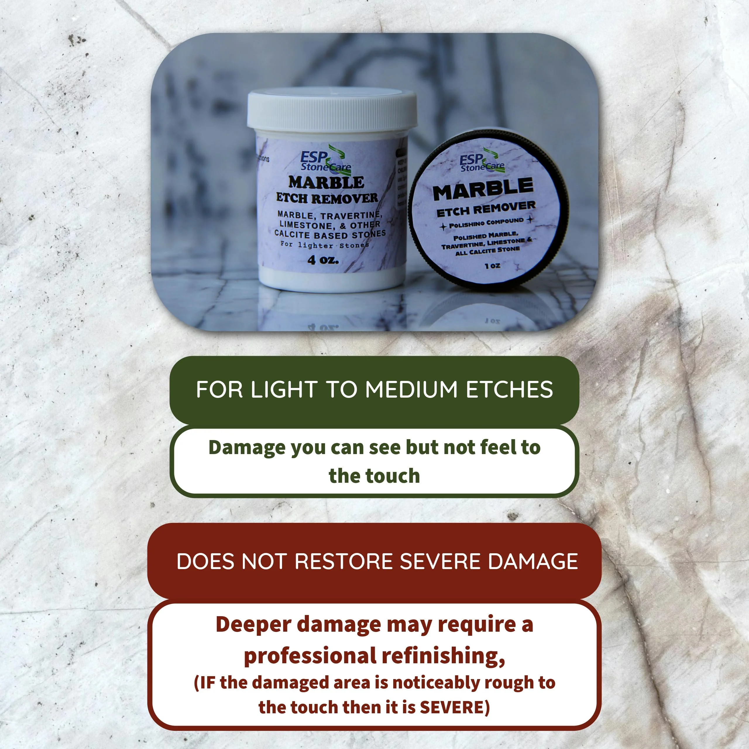 ESP Stone Care Marble Etch Remover Polishing Powder – Restores Light Etches on Marble, Travertine, Limestone & Calcite Stones – Easy DIY Use – No Special Tools, 1 oz. for Small Areas - Image 3