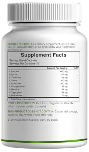 Essential Amino Acids (EAA) 2000mg Per Serving, 300 Capsules – Unflavored - 9 in 1, All BCAAs (Branched-Chain Aminos) – Lean Muscle Support & Natural Pre Workout Supplement - Image 7