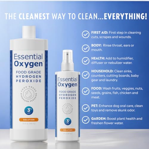 Essential Oxygen, Food Grade Hydrogen Peroxide, 8 + 32 fl oz, Natural Cleaner, 3%, 1 - 8 fl oz spray and 1 - 32 fl oz bottle, Refill, HP (Pack of 2) - Image 13
