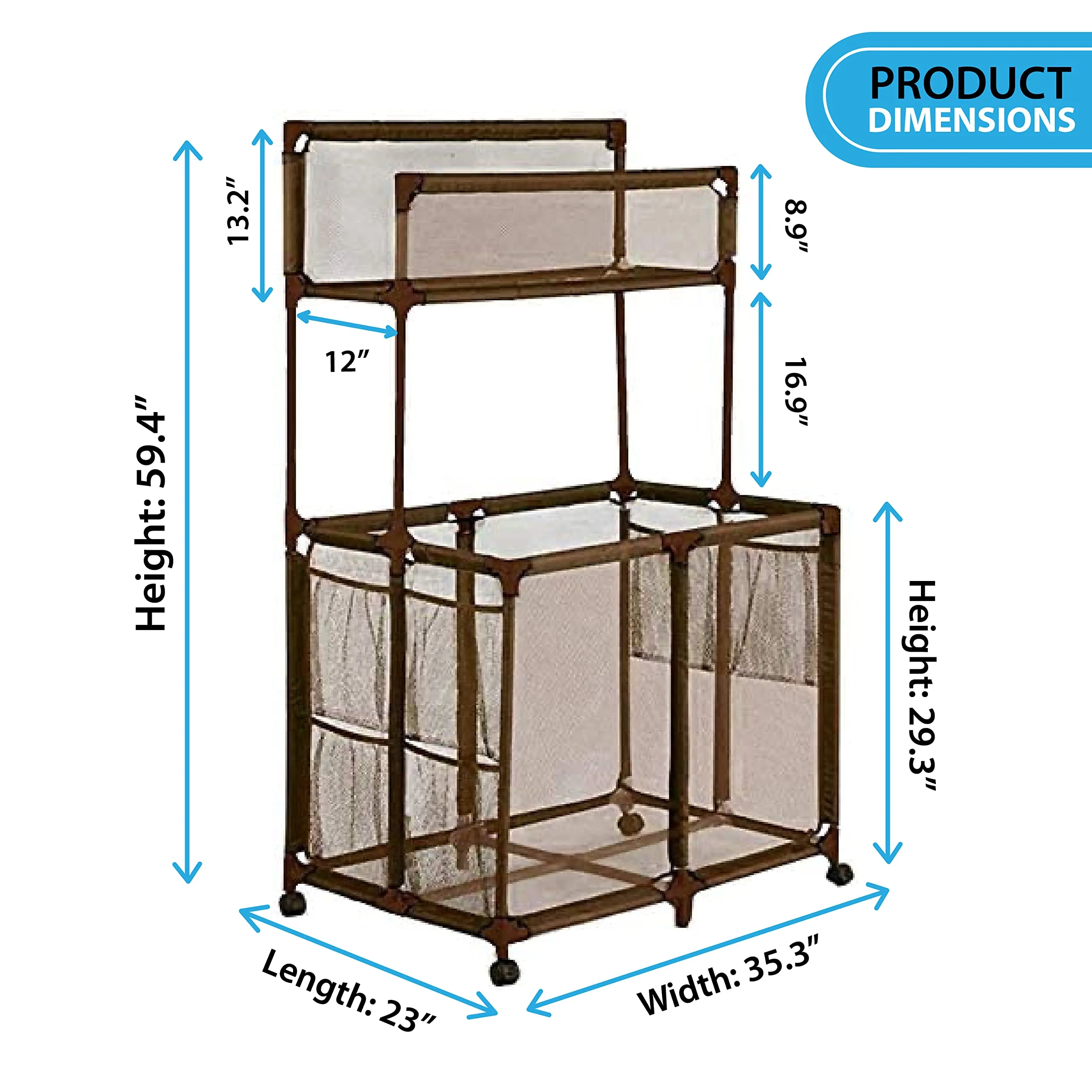 Essentially Yours Pool Storage Equipment Organizer Holder - Noodles, Toys, Balls and Floats Mesh Rolling Double Decker Bin, Large with Noodle Holder, (35.3" W x 23" L x 59.4" H), Brown Style 561935 - Image 3