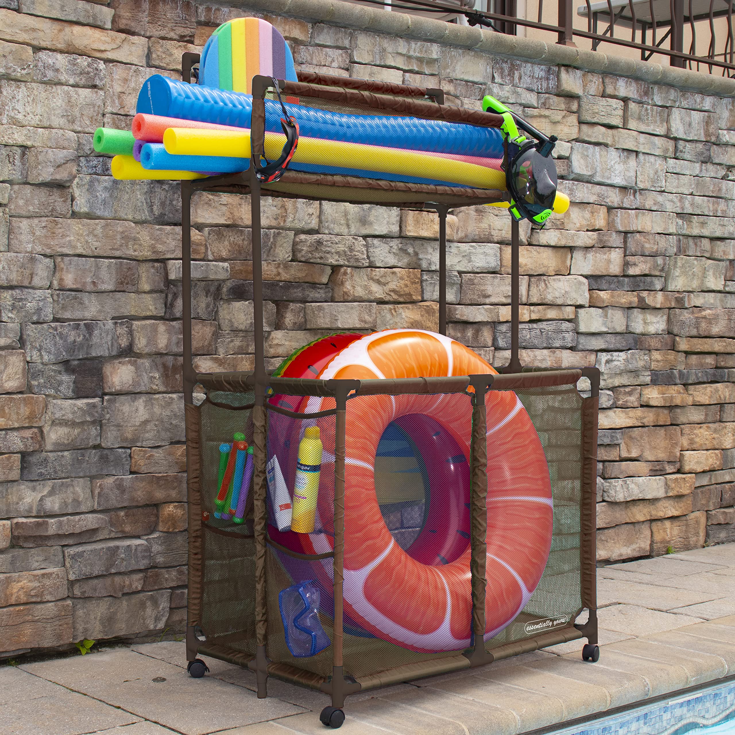 Essentially Yours Pool Storage Equipment Organizer Holder - Noodles, Toys, Balls and Floats Mesh Rolling Double Decker Bin, Large with Noodle Holder, (35.3" W x 23" L x 59.4" H), Brown Style 561935 - Image 4