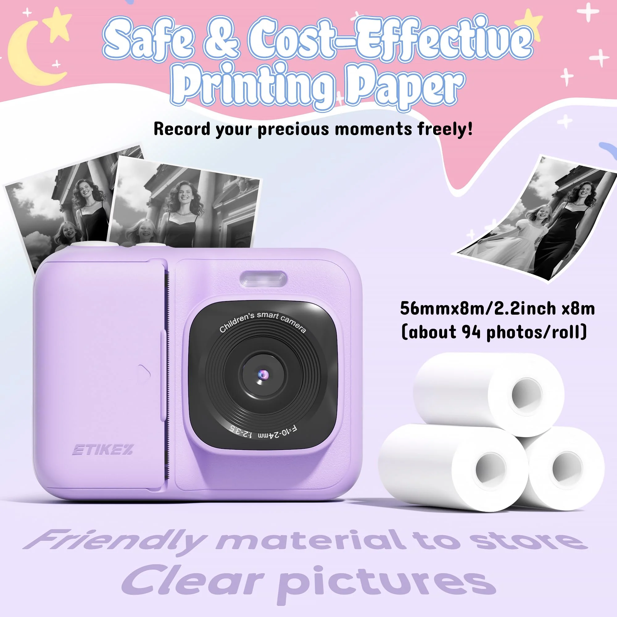 ETIKEZ Kids Camera, 1080P Instant Digital Print Camera for Kids, Christmas Birthday Gifts for 4 5 6 7 8 9 10 Year Old Girls Boys, Portable Toy with 32GB SD Card & 3 Rolls Printing Paper, Purple - Image 3