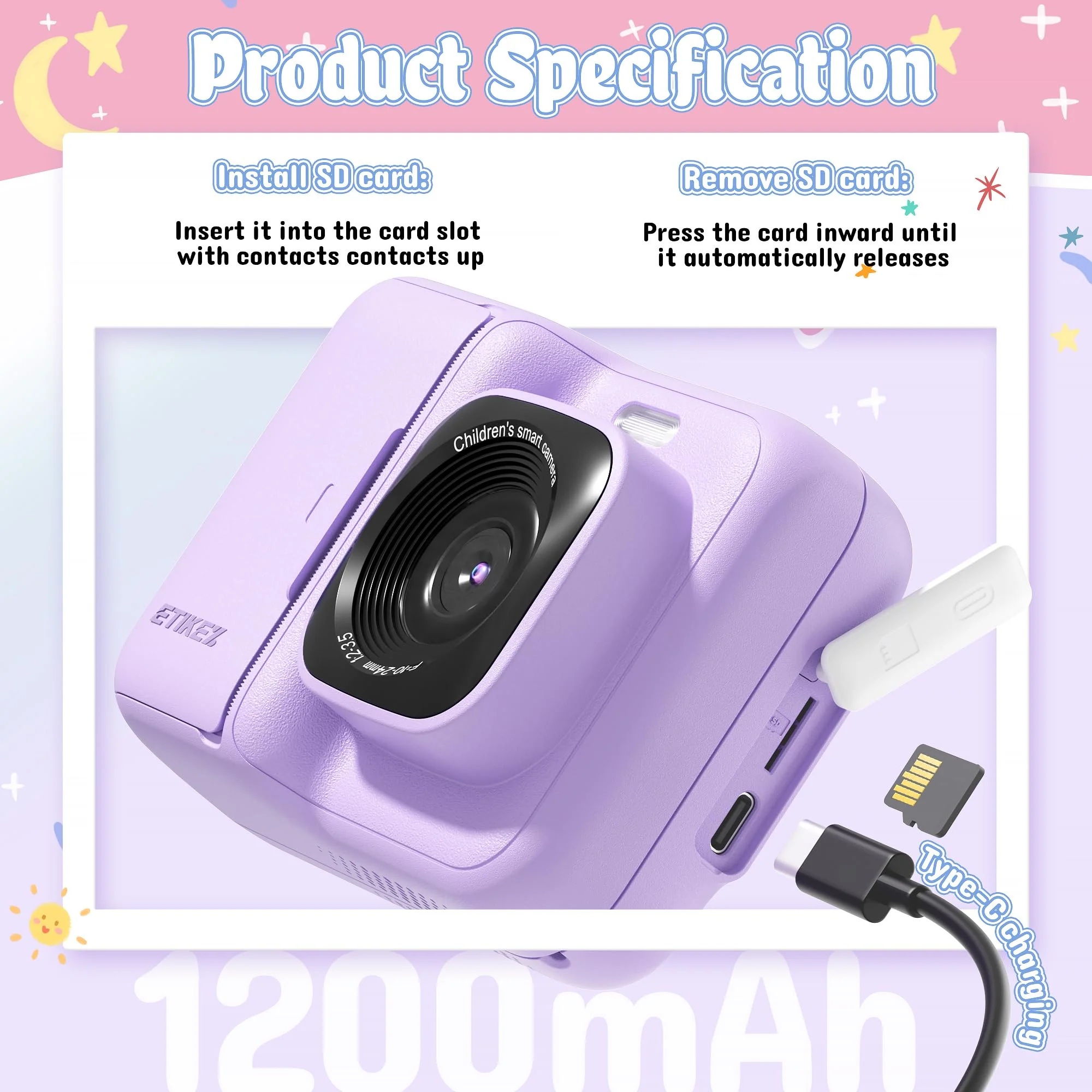 ETIKEZ Kids Camera, 1080P Instant Digital Print Camera for Kids, Christmas Birthday Gifts for 4 5 6 7 8 9 10 Year Old Girls Boys, Portable Toy with 32GB SD Card & 3 Rolls Printing Paper, Purple - Image 4