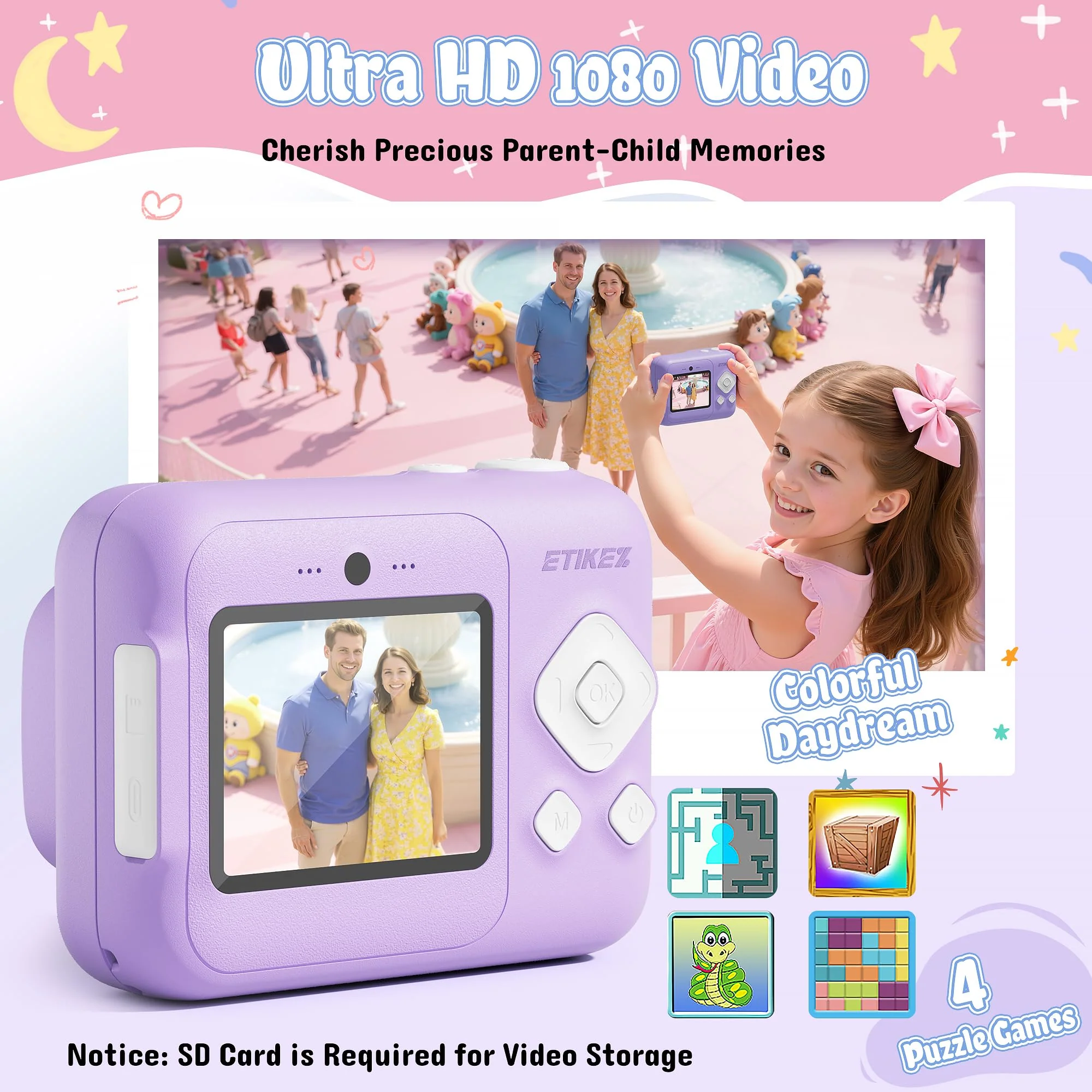ETIKEZ Kids Camera, 1080P Instant Digital Print Camera for Kids, Christmas Birthday Gifts for 4 5 6 7 8 9 10 Year Old Girls Boys, Portable Toy with 32GB SD Card & 3 Rolls Printing Paper, Purple - Image 7