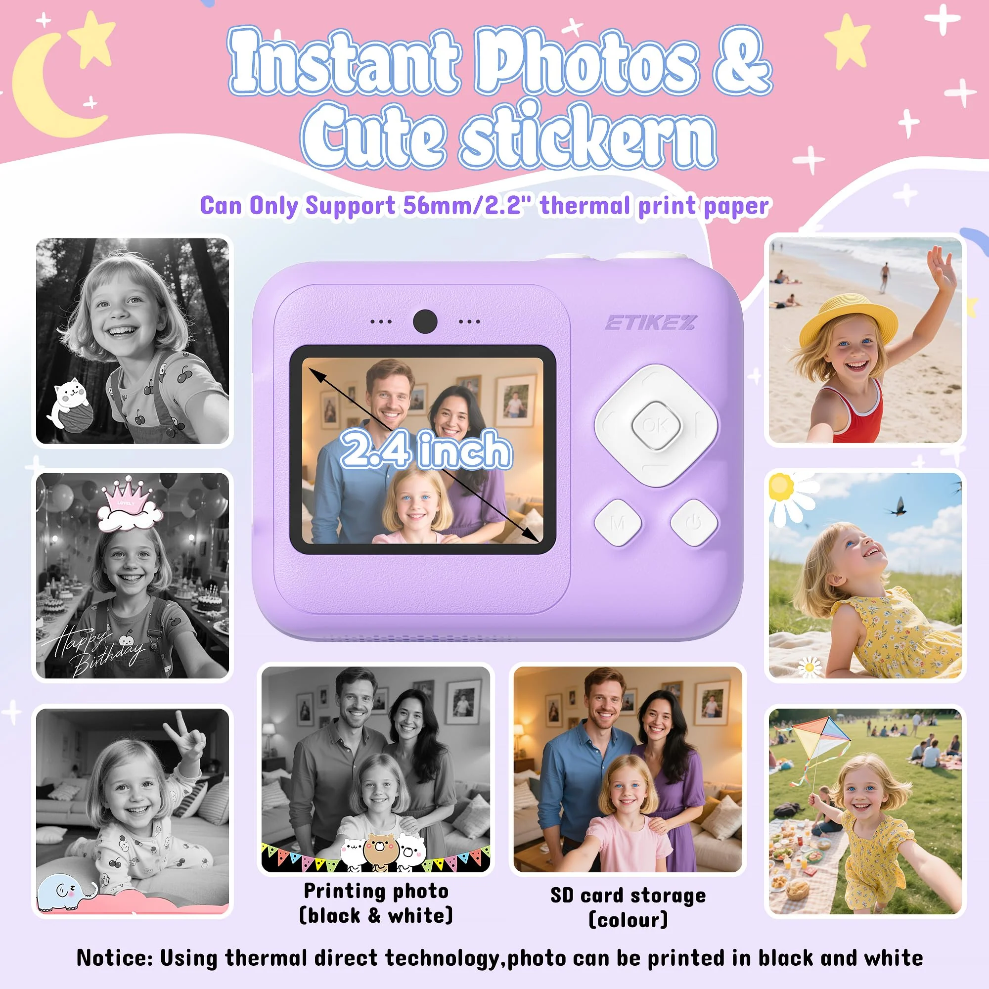 ETIKEZ Kids Camera, 1080P Instant Digital Print Camera for Kids, Christmas Birthday Gifts for 4 5 6 7 8 9 10 Year Old Girls Boys, Portable Toy with 32GB SD Card & 3 Rolls Printing Paper, Purple - Image 8