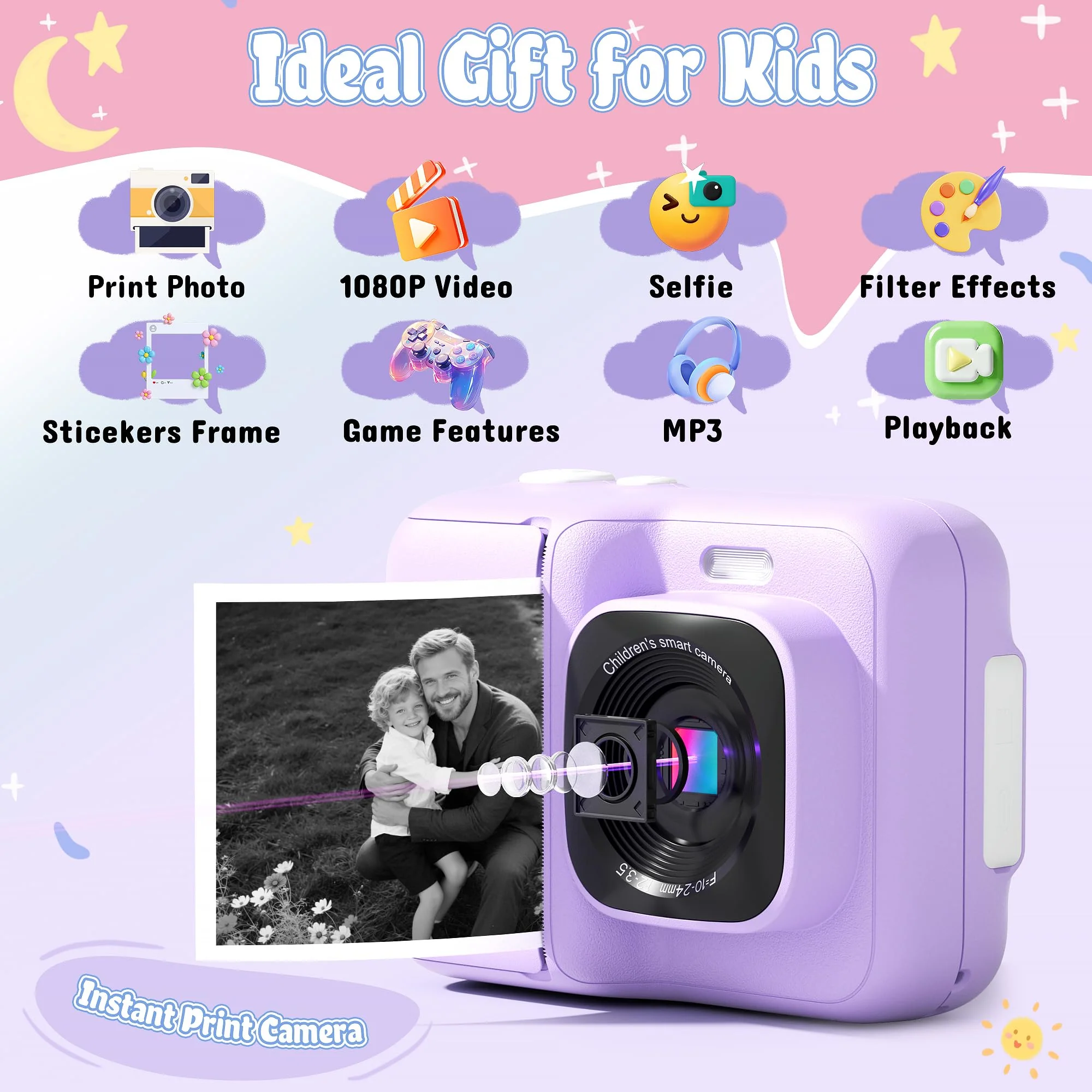 ETIKEZ Kids Camera, 1080P Instant Digital Print Camera for Kids, Christmas Birthday Gifts for 4 5 6 7 8 9 10 Year Old Girls Boys, Portable Toy with 32GB SD Card & 3 Rolls Printing Paper, Purple - Image 9