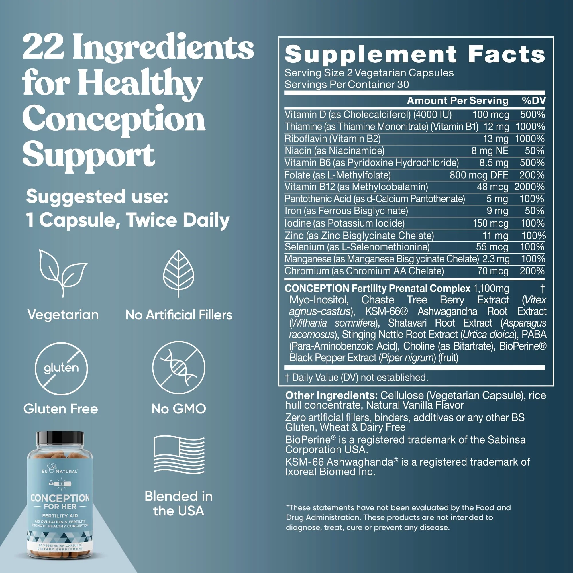 Eu Natural Conception for Her Fertility Supplements for Women - Ovulation, Hormonal Balance & Regular Cycle Support - Myo-Inositol, Folate, Shatavari & Vitex - 120 Vegetarian Capsules - Image 7