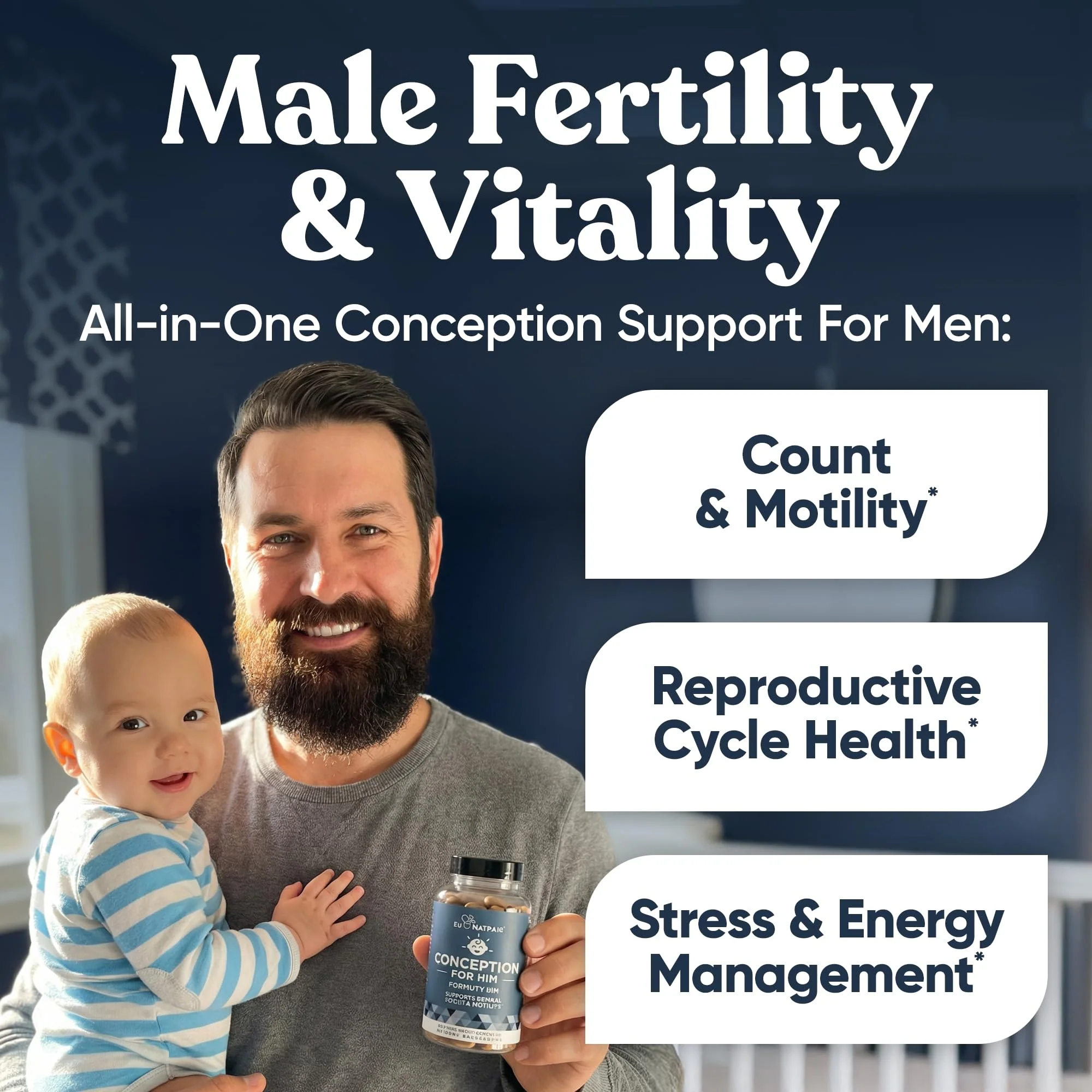 Eu Natural Conception for Him - Male Fertility Supplements with Ashwagandha, Folate & Zinc - Sperm Count, Motility & Strength Support - Fertility Support for Men, 120 Vegetarian Capsules - Image 2