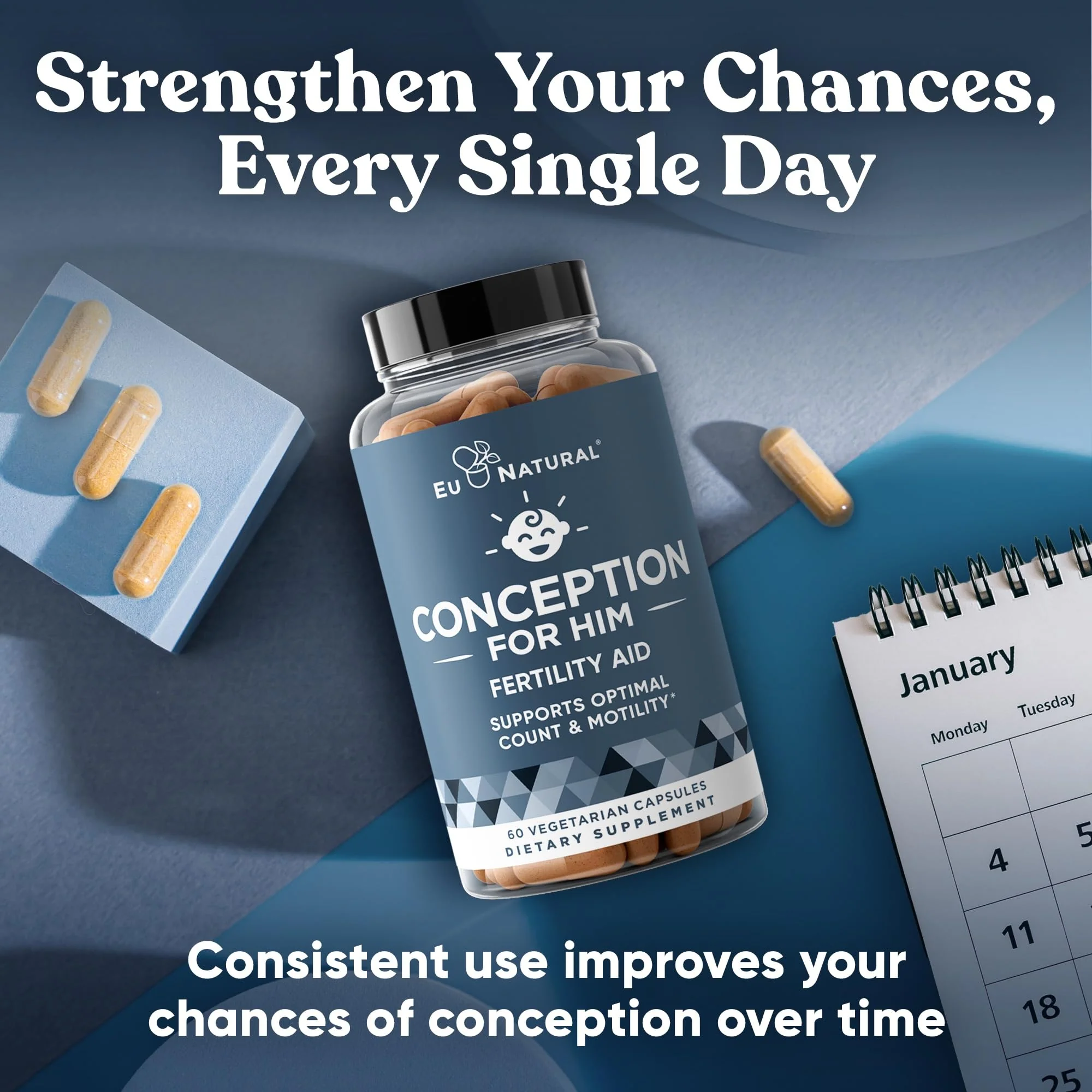 Eu Natural Conception for Him - Male Fertility Supplements with Ashwagandha, Folate & Zinc - Sperm Count, Motility & Strength Support - Fertility Support for Men, 120 Vegetarian Capsules - Image 6