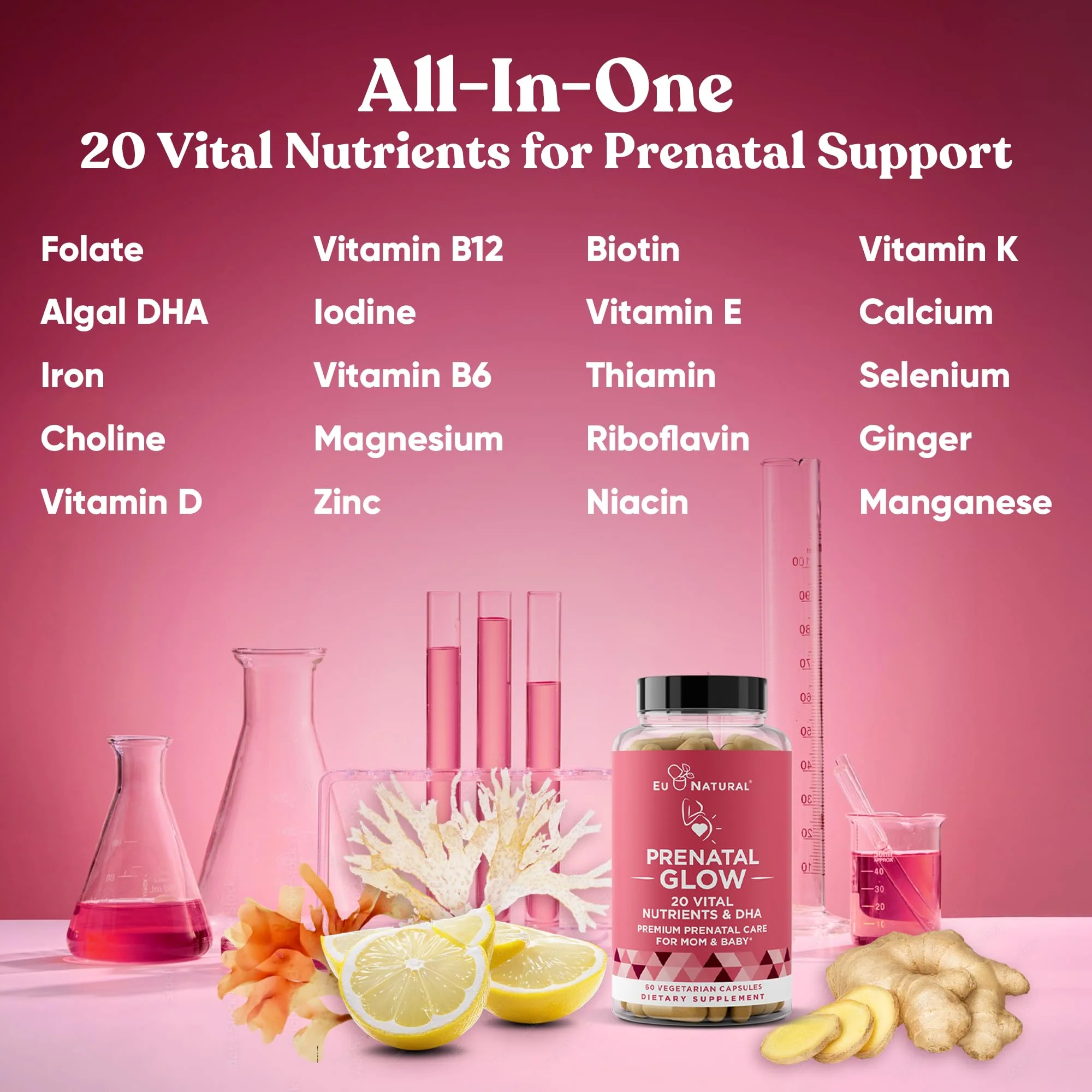 Eu Natural Glow Prenatal Vitamins for Women - 20-in-1 Prenatal Multivitamin with Folate & Vegan DHA - Supports Healthy Pregnancy, Fetal Development & Mom’s Comfort - 120 Vegetarian Capsules - Image 7