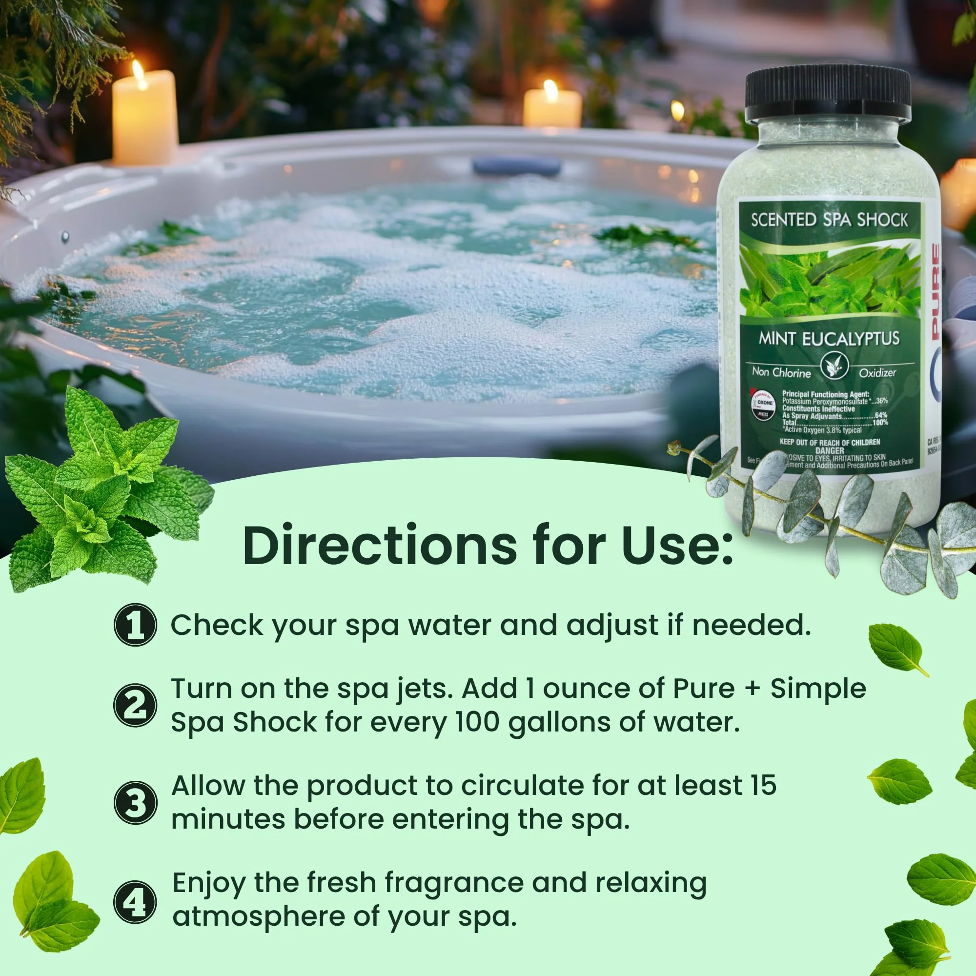 Eucalyptus Scented Spa Shock- Non-Chlorine Shock for Any Spa or Hot Tub-Use with Bromine Tablets or Spa Chlorine. Fragrance Infused Oxygen Crystals Treat Water and Oxidize Chemical Odors - Image 3
