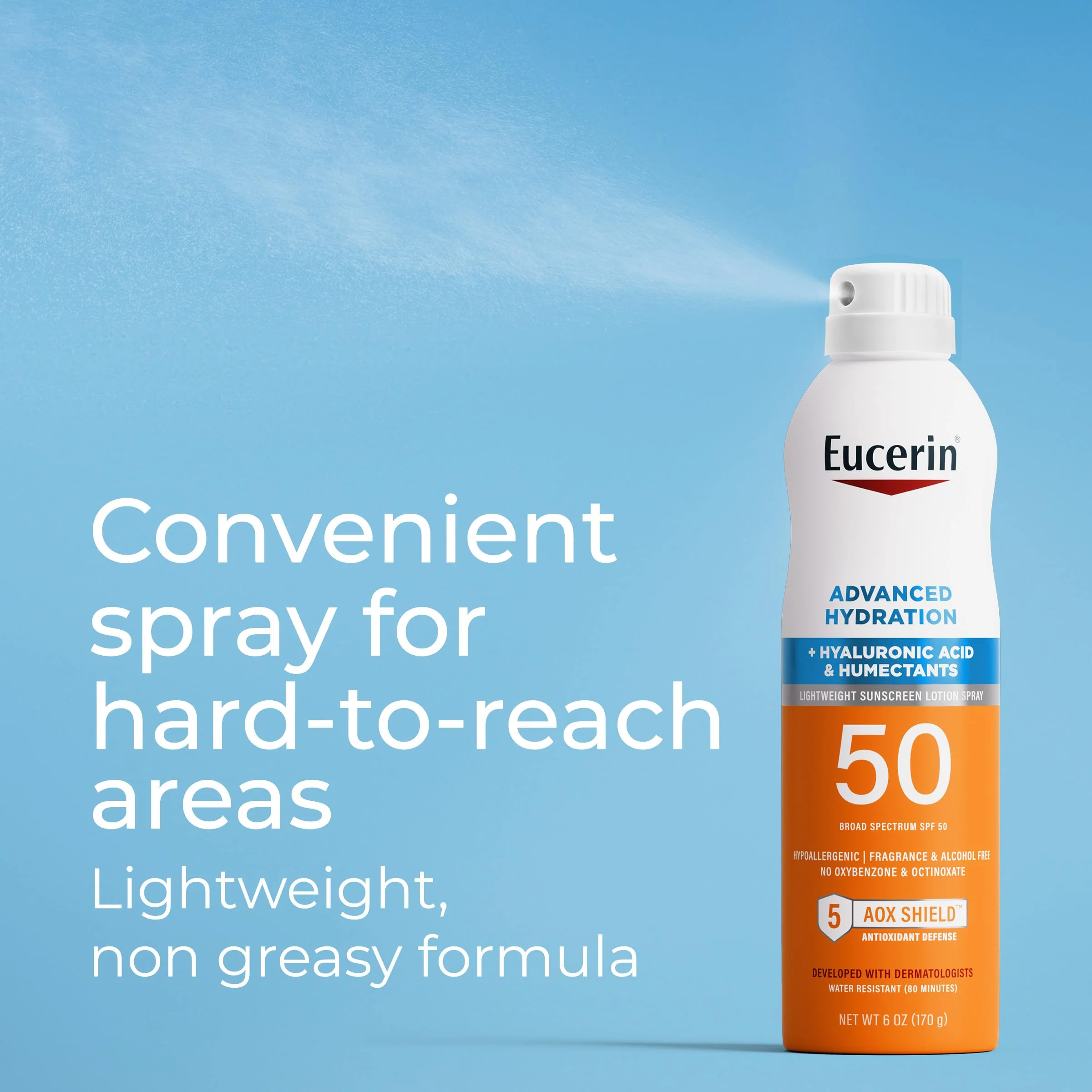 Eucerin Advanced Hydration SPF 50 Sunscreen Spray, Lightweight Spray Sunscreen with Hyaluronic Acid and Humectants, Hypoallergenic, Fragrance and Alcohol Free, 6 Oz Bottle - Image 5
