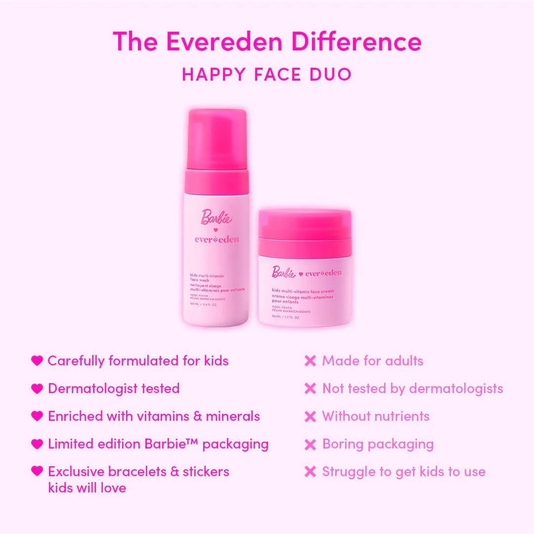 Evereden Barbie Limited Edition Kids Happy Face Duo + Exclusive Accessories | Multi-Vitamin Face Wash & Cream Set with Stickers + Bracelets | Clean Skin Care for 3+ | Barbie Gift Box for Kids - Image 4