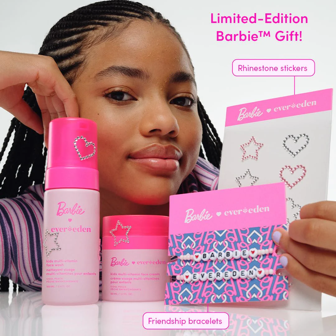Evereden Barbie Limited Edition Kids Happy Face Duo + Exclusive Accessories | Multi-Vitamin Face Wash & Cream Set with Stickers + Bracelets | Clean Skin Care for 3+ | Barbie Gift Box for Kids - Image 5