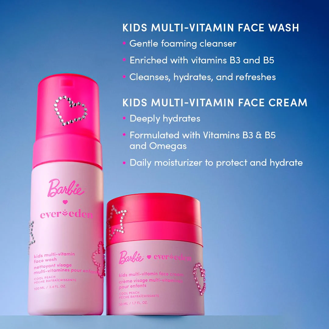Evereden Barbie Limited Edition Kids Happy Face Duo + Exclusive Accessories | Multi-Vitamin Face Wash & Cream Set with Stickers + Bracelets | Clean Skin Care for 3+ | Barbie Gift Box for Kids - Image 7