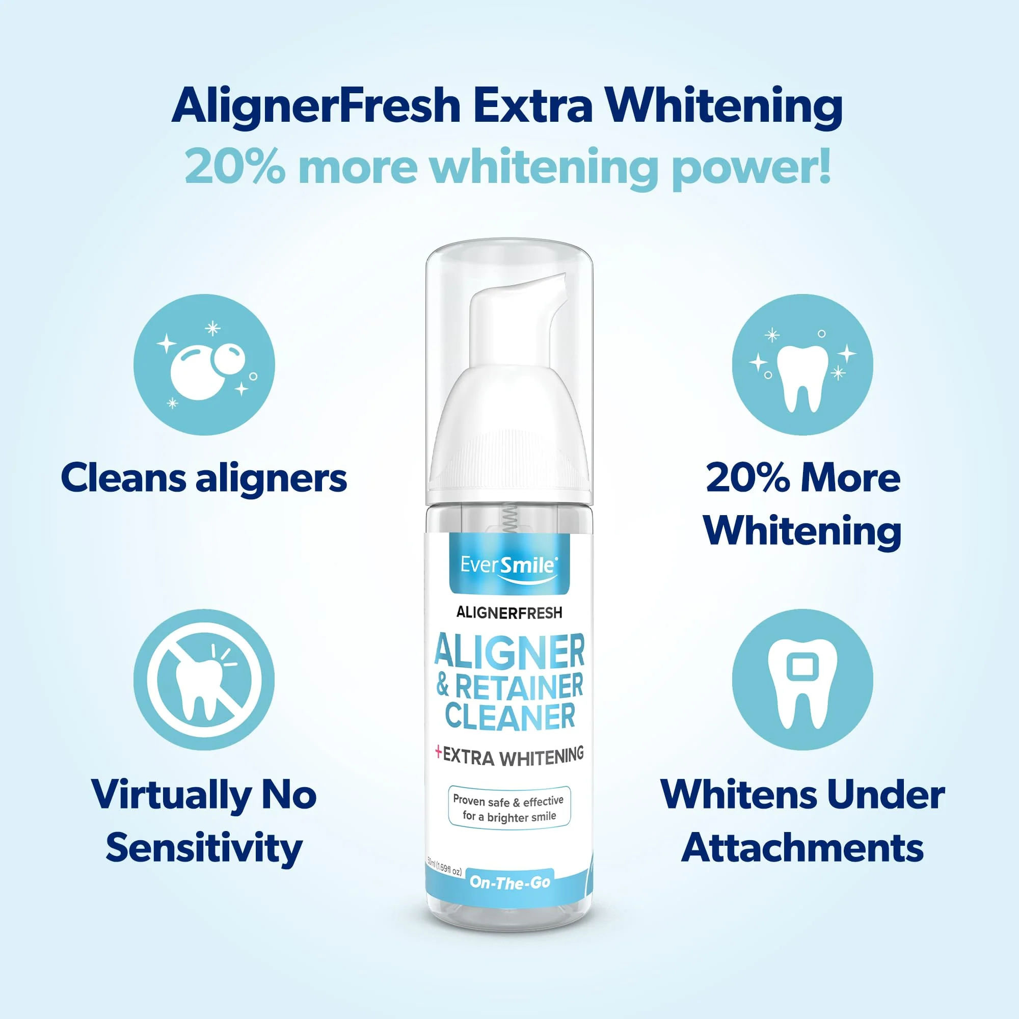 EverSmile AlignerFresh Extra Whitening Foam – Cleaner Compatible w/Invisalign and All Clear Aligners and Retainers – Eliminates Bacteria, Whitens Teeth, Fights Bad Breath – 50ml (1 Pack) - Image 3