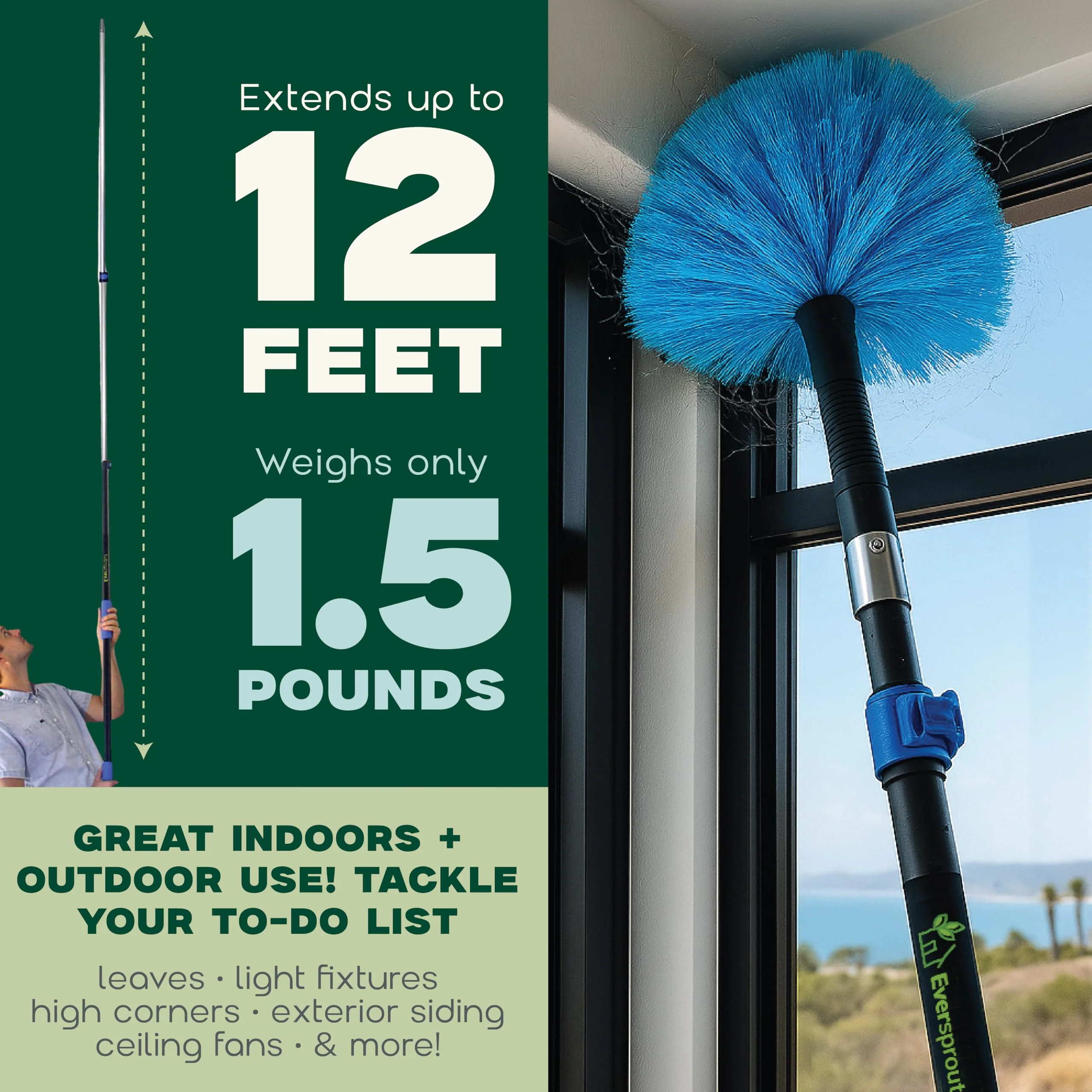 EVERSPROUT 5-to-12ft Telescoping Durable Duster with Extension Pole – Lightweight 3 Stage Cobweb Duster – Extendable to 20ft Reach for Cleaning High Ceilings and Spider Webs - Image 2