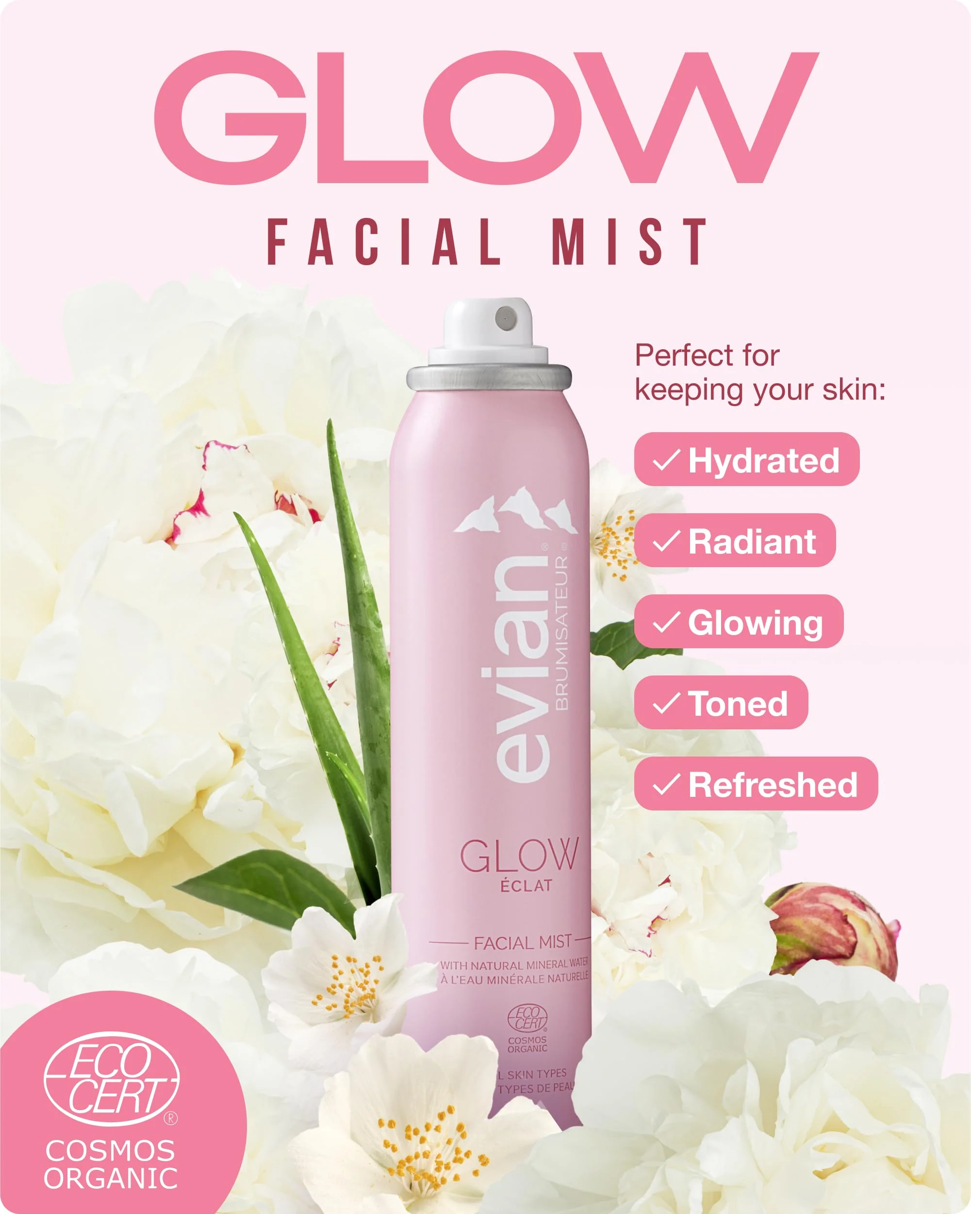 Evian Glow Facial Mist | Hydrating Mineral Water Face Spray with Aloe & White Tea | Dewy Setting Mist & Toner for Glowing Skin | Facial Spray to Refresh, Balance, & Enhance Makeup - Image 10