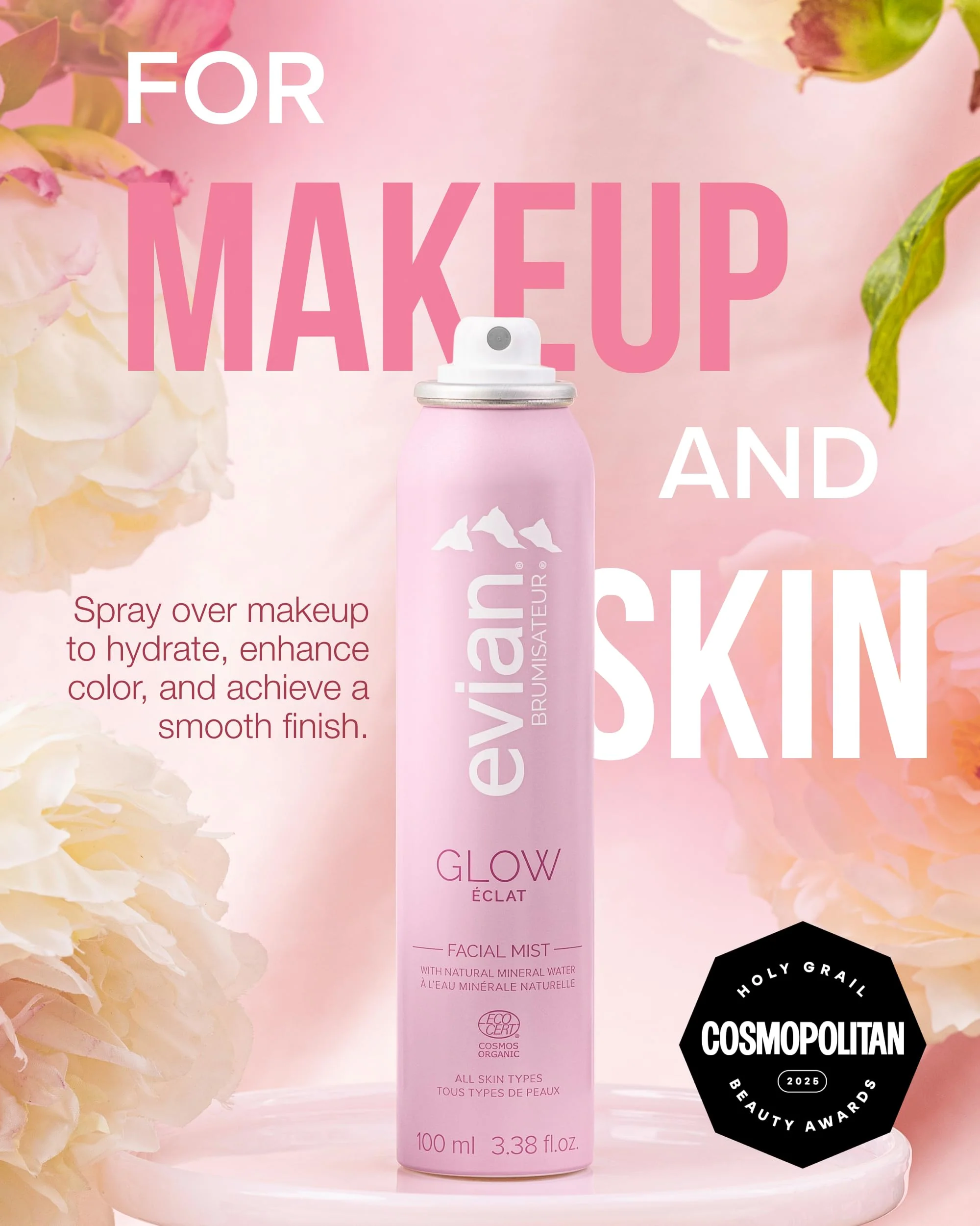 Evian Glow Facial Mist | Hydrating Mineral Water Face Spray with Aloe & White Tea | Dewy Setting Mist & Toner for Glowing Skin | Facial Spray to Refresh, Balance, & Enhance Makeup - Image 6