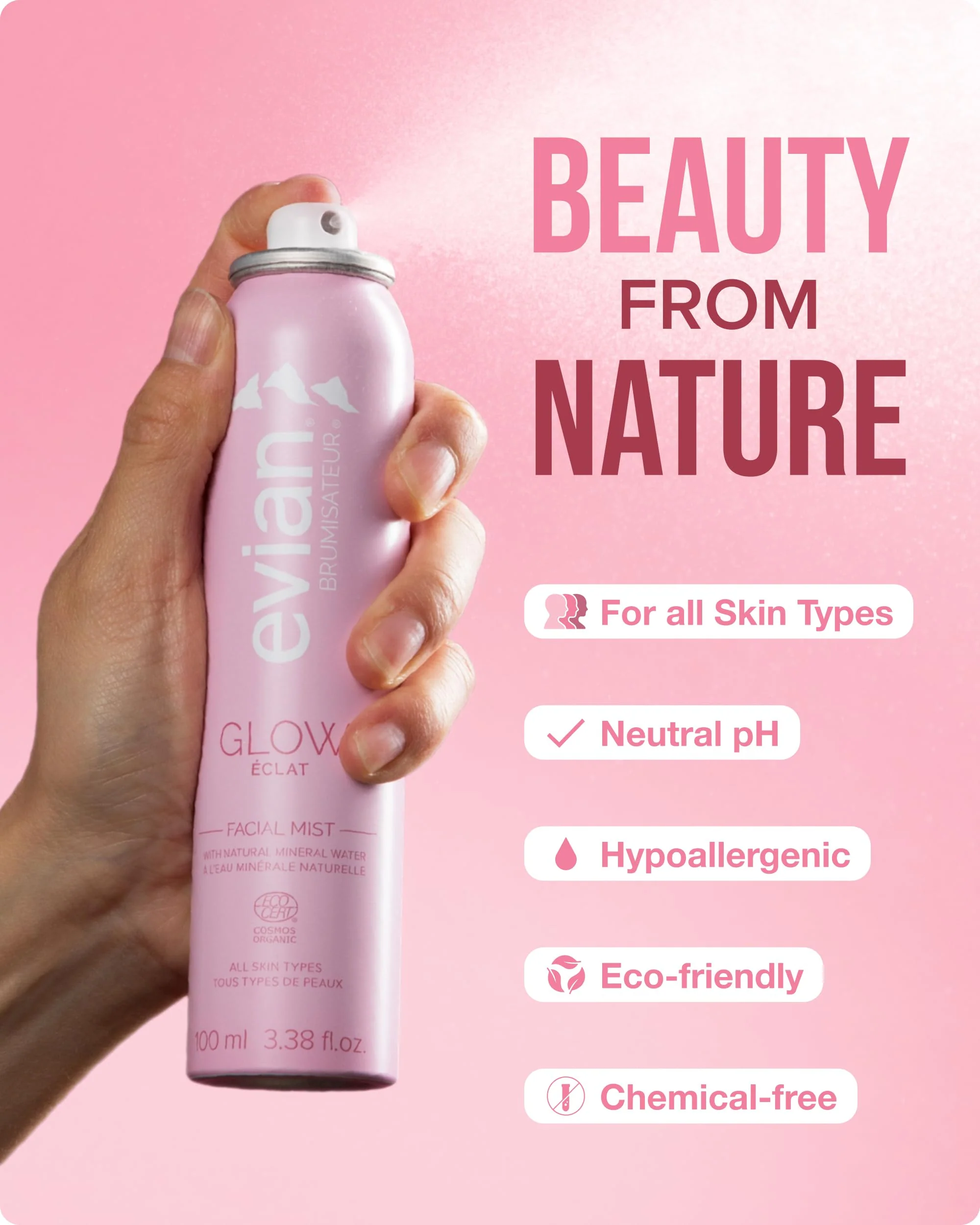 Evian Glow Facial Mist | Hydrating Mineral Water Face Spray with Aloe & White Tea | Dewy Setting Mist & Toner for Glowing Skin | Facial Spray to Refresh, Balance, & Enhance Makeup - Image 8