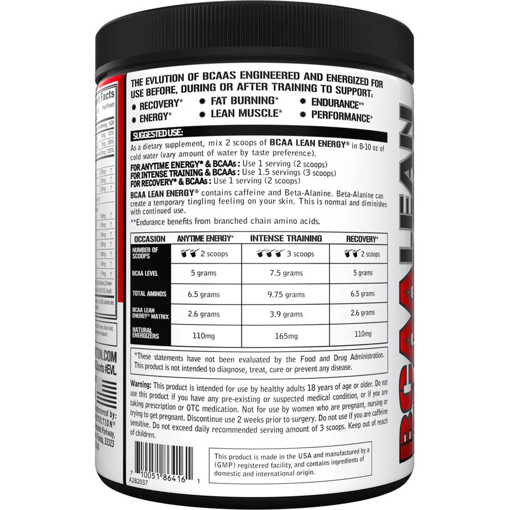 EVL BCAA Lean Energy Powder - Pre Workout Green Tea Fat Burner Support with BCAAs Amino Acids and Clean Energizers - BCAA Powder Post Workout Recovery Drink for Lean Muscle Recovery - Fruit Punch - Image 3