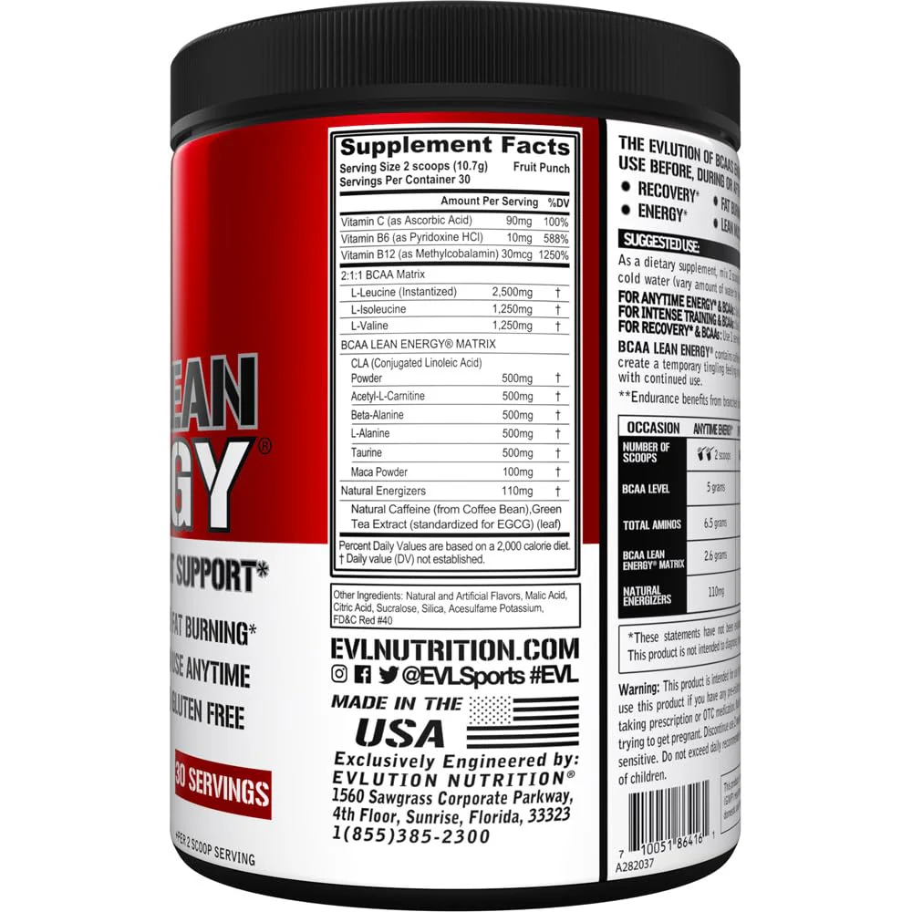 EVL BCAA Lean Energy Powder - Pre Workout Green Tea Fat Burner Support with BCAAs Amino Acids and Clean Energizers - BCAA Powder Post Workout Recovery Drink for Lean Muscle Recovery - Fruit Punch - Image 4