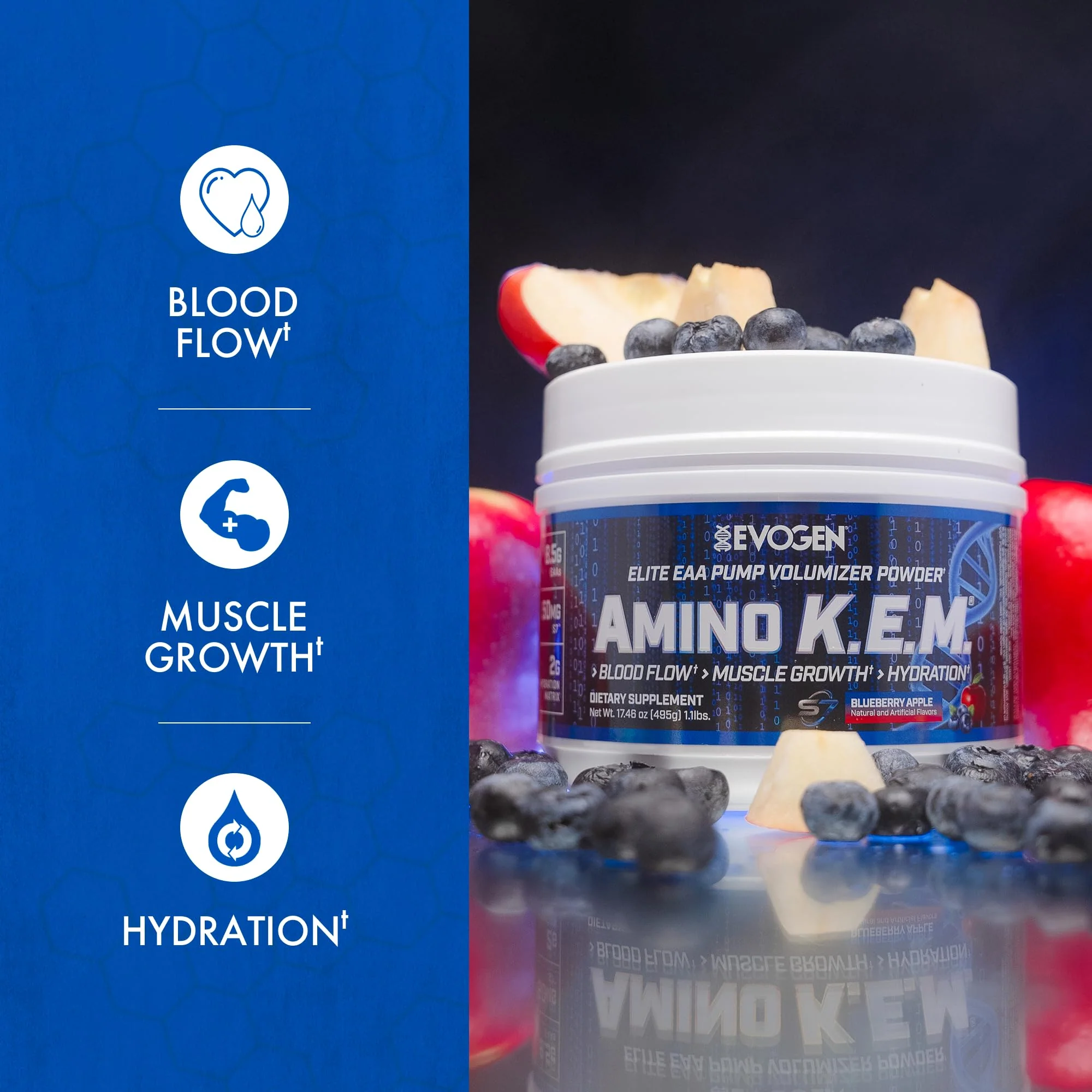 Evogen Amino K.E.M. - EAA & BCAA Powder Pump Volumizer | BCAAs Amino Acids Supplement for Blood Flow, Muscle Growth, & Hydration | Blueberry Apple | 30 Servings - Image 9