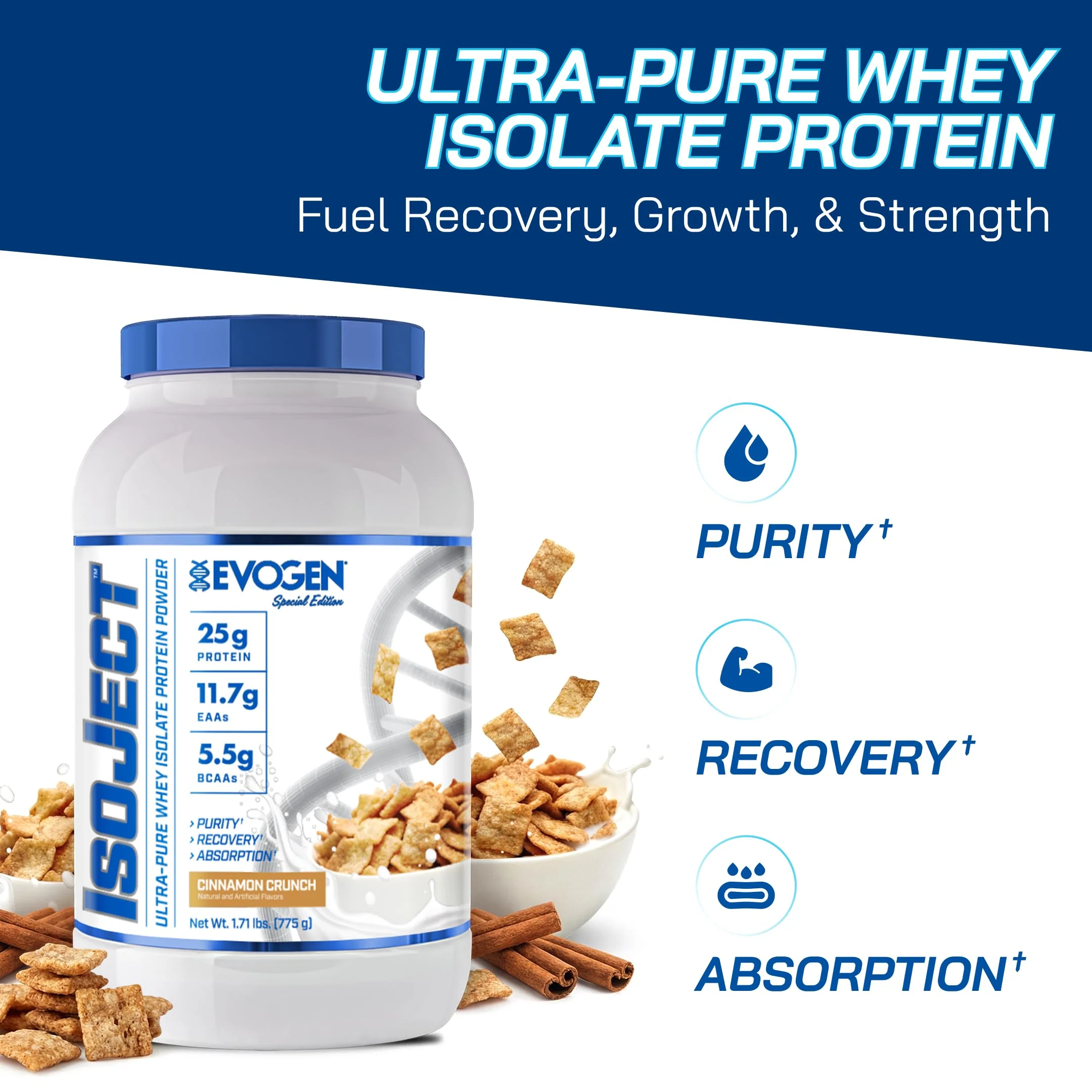 Evogen Isoject - Whey Protein Isolate | Ultra-Pure Whey Protein Powder with Ignitor Enzymes, BCAAs, and EAAs | Enhanced Absorption & Recovery | Cinnamon Crunch | 26 Servings - Image 2