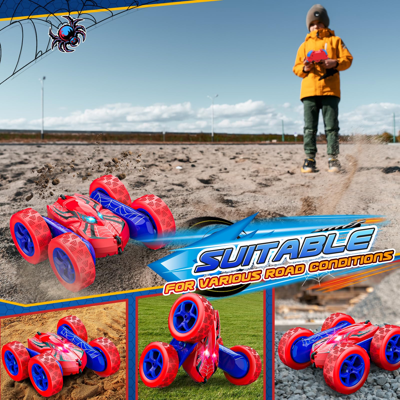 Excitobo Remote Control Car,RC Cars for 4 5 6 7 8 9 10 11 12 Year Old Boy Double Sided 360°Flip 4WD Rechargeable Drift RC Race Car Boys Toys Birthday Gifts Christmas Basket Stuffers for Kids Age 4-12 - Image 3