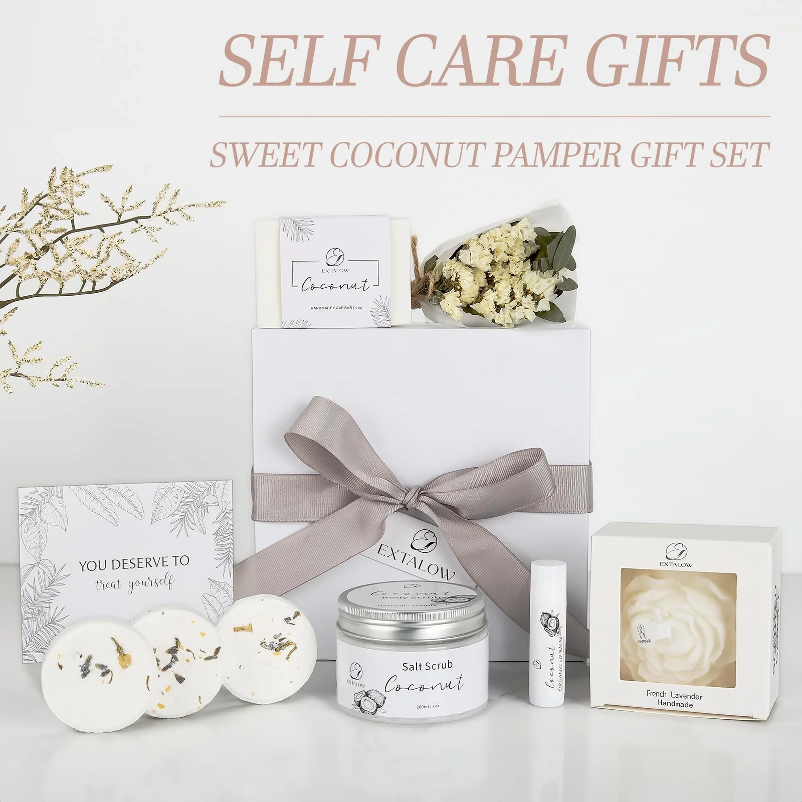EXTALOW Spa Gifts for Women Bath and Body Gift Basket Valentines Day Gifts Coconut Lavender Home Spa Set Self Care Gift for Mom Sister Her Wife Birthday Gifts Spa Kit Care Package Thank You Gift - Image 3