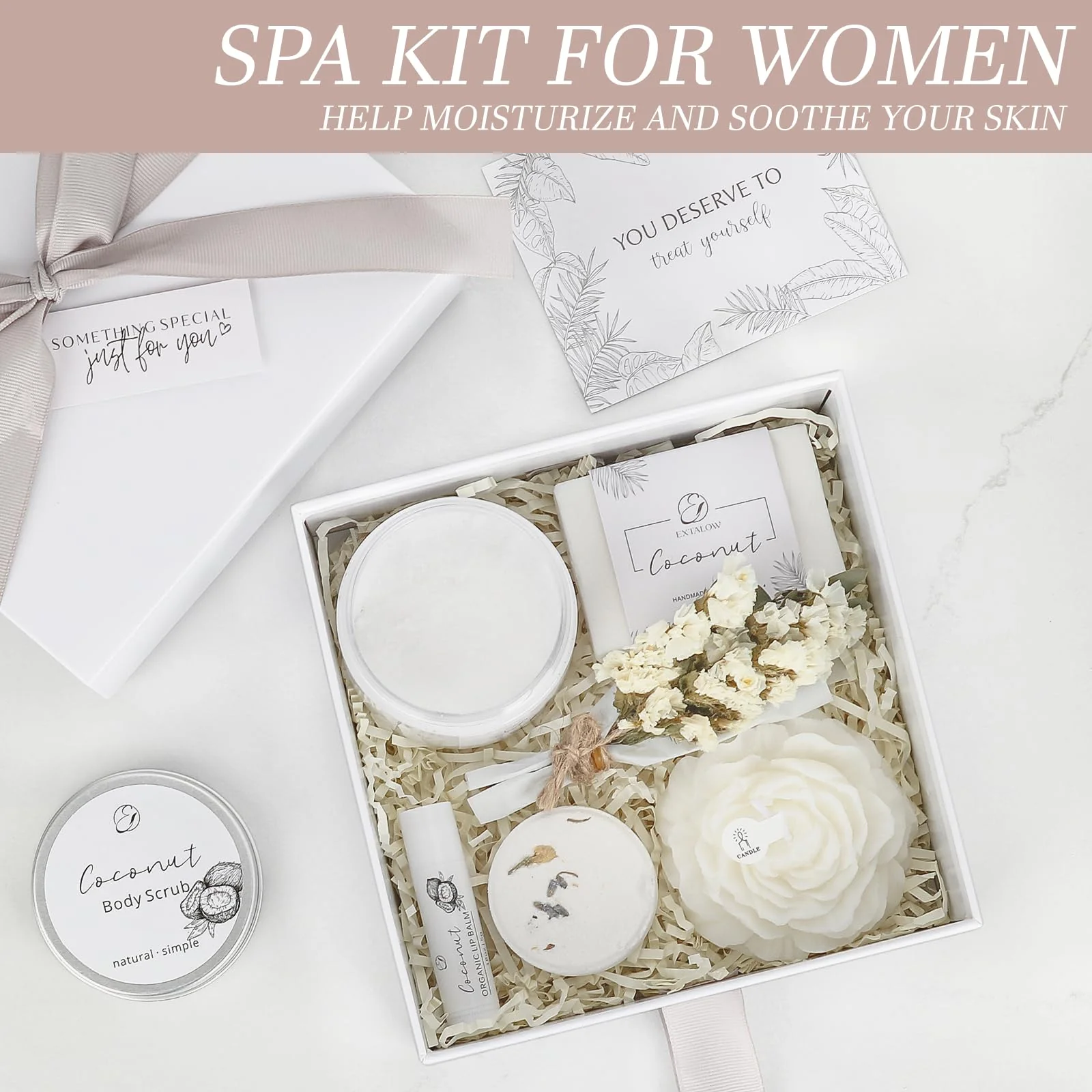 EXTALOW Spa Gifts for Women Bath and Body Gift Basket Valentines Day Gifts Coconut Lavender Home Spa Set Self Care Gift for Mom Sister Her Wife Birthday Gifts Spa Kit Care Package Thank You Gift - Image 9