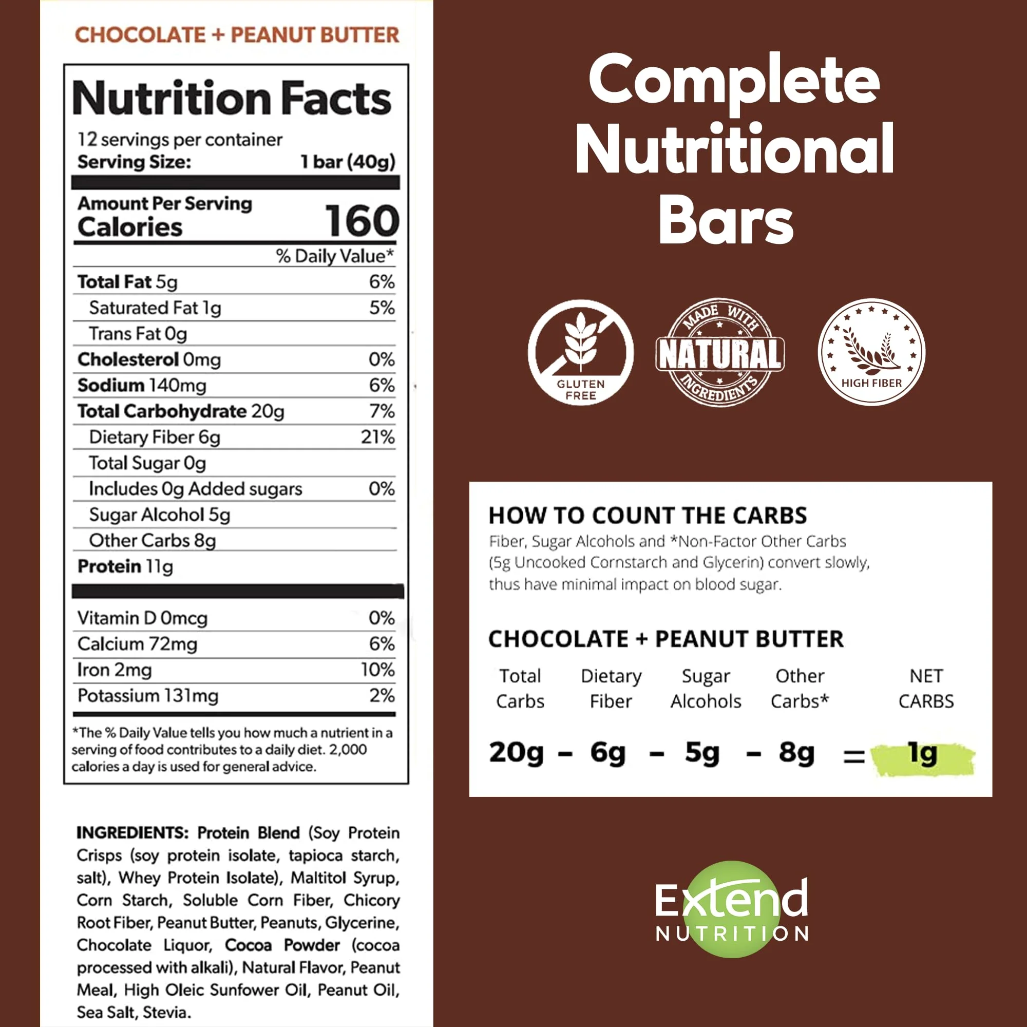Extend Sugar Free Protein Bars, Perfect Diabetic Snacks, High Protein and Fiber, Hunger Control & Steady Energy, Low Carb, Keto Friendly (12 Count, Chocolate Peanut Butter) - Image 3