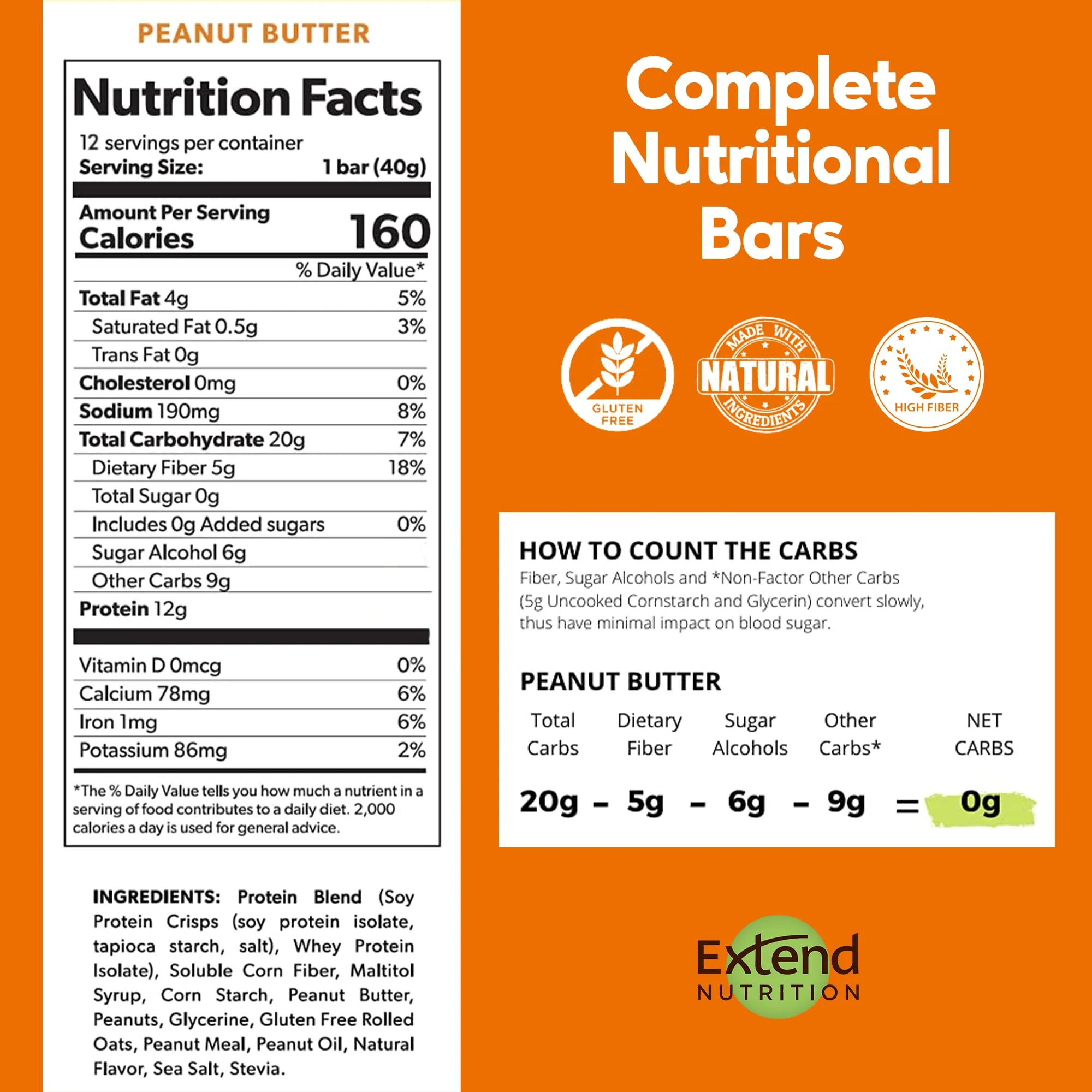 Extend Sugar Free Protein Bars, Perfect Diabetic Snacks, High Protein and Fiber, Hunger Control & Steady Energy, Low Carb, Keto Friendly (Peanut Butter) - Image 3