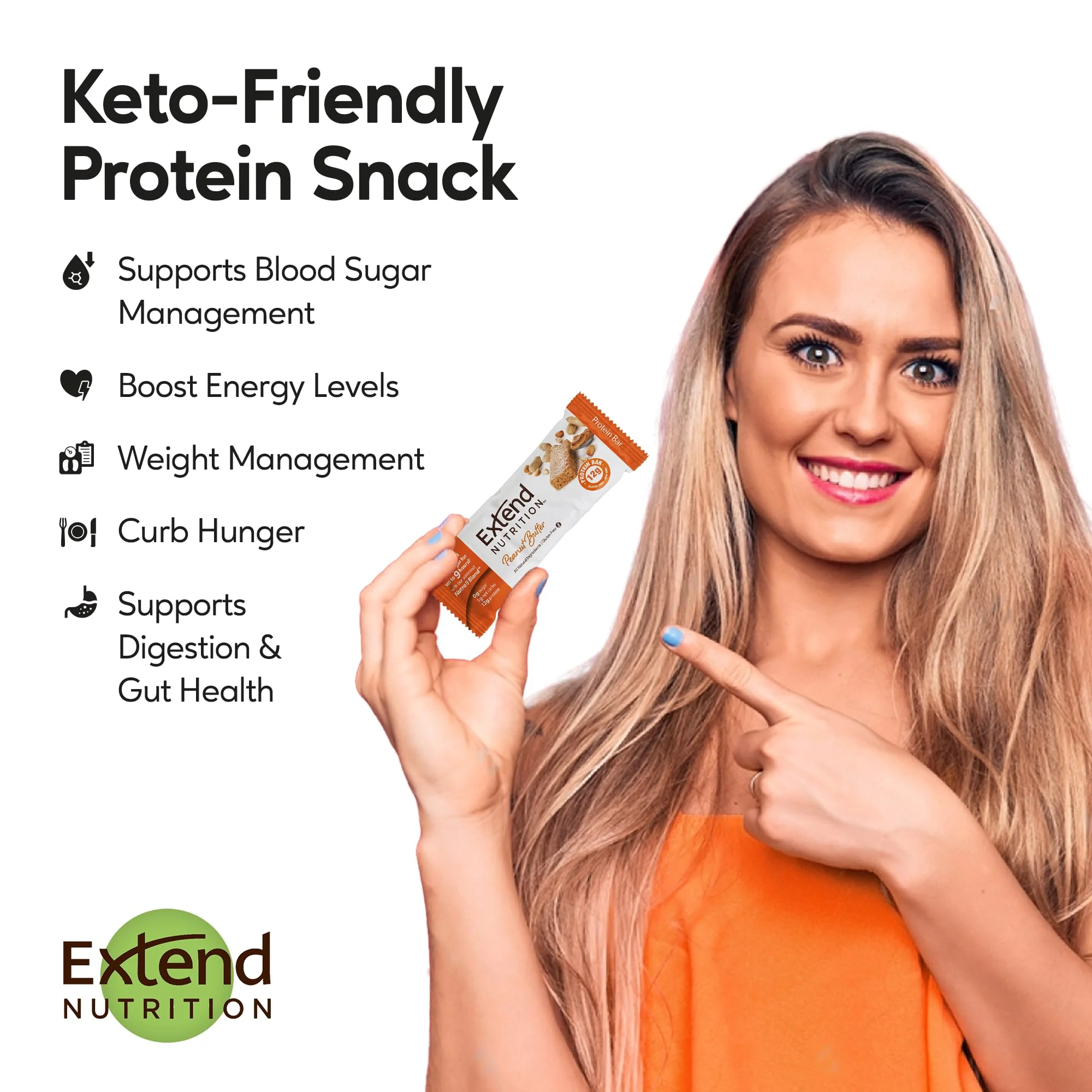 Extend Sugar Free Protein Bars, Perfect Diabetic Snacks, High Protein and Fiber, Hunger Control & Steady Energy, Low Carb, Keto Friendly (Peanut Butter) - Image 5