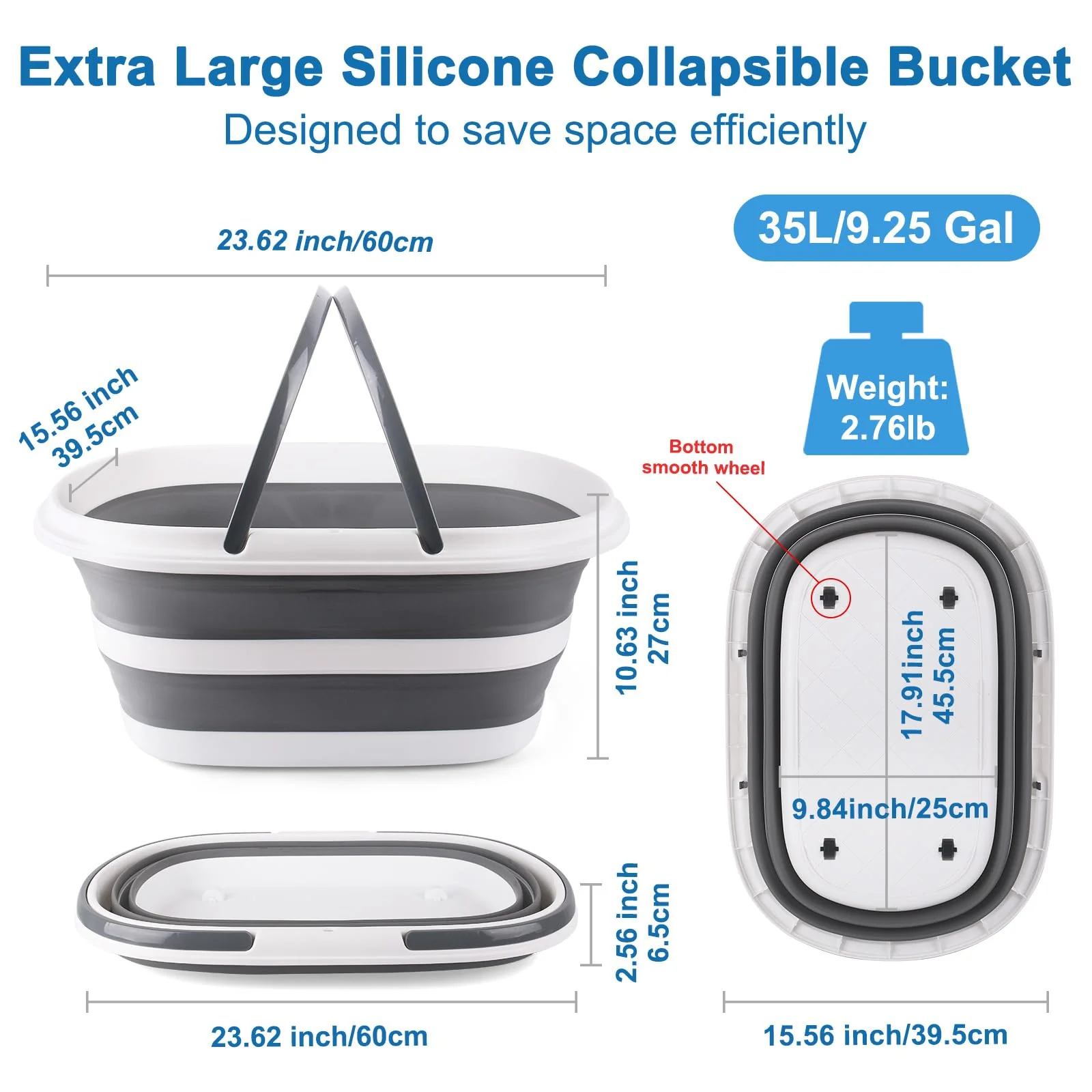 Extra Large Collapsible Bucket 35L Mop Bucket With Handles & Wheels, Plastic Wash Basin Pet Bath Tub for Puppy Dogs Cats, Folding Laundry Basket Clothes Storage Organizer RV Outdoor Camping Essentials - Image 6