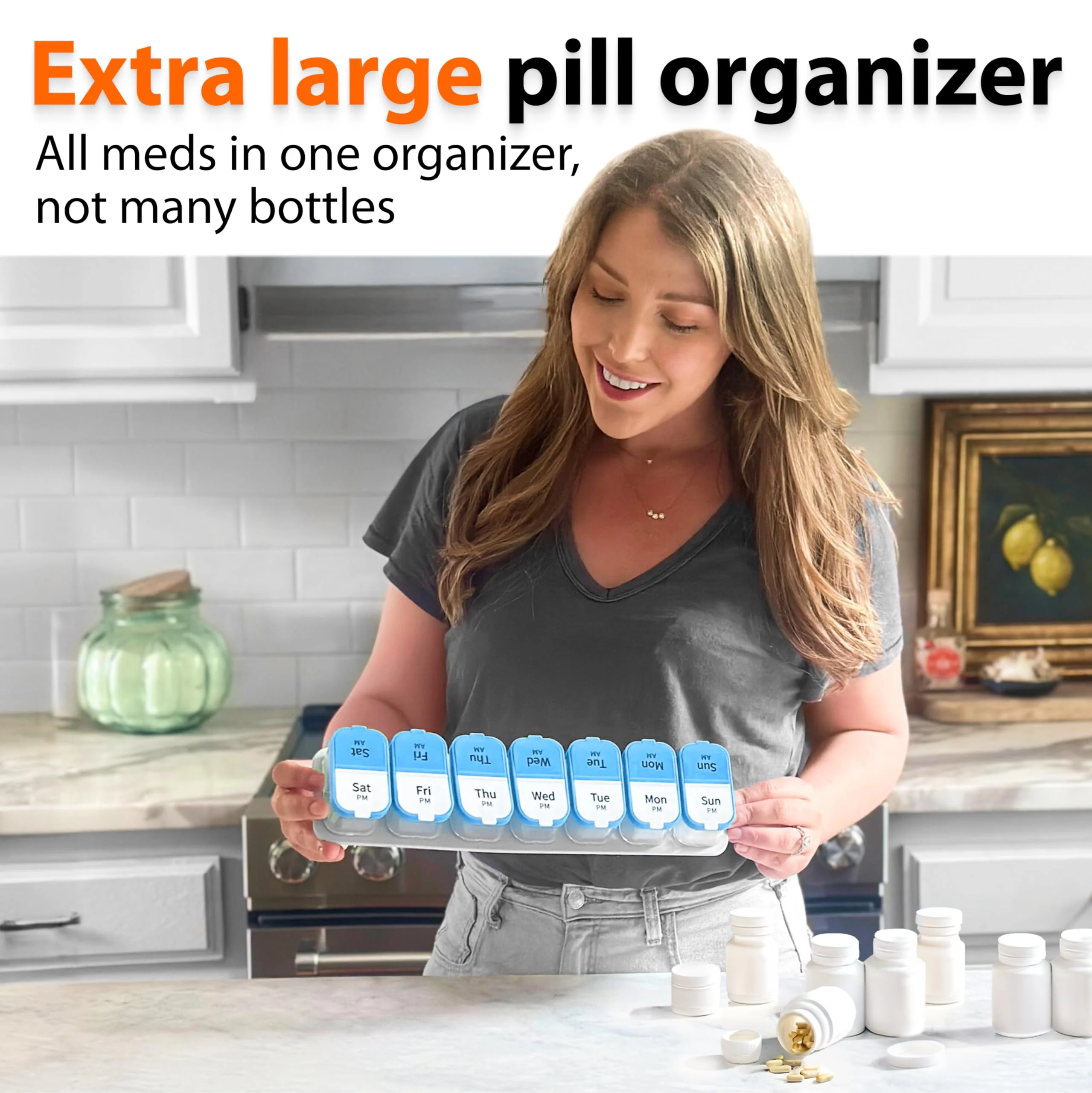 Extra Large Weekly Pill Organizer - Daily XL Pill Box for Am Pm Supplements - Weekly Twin-Packed for Oversized Two A Day Cary (Blue/White) - Image 6