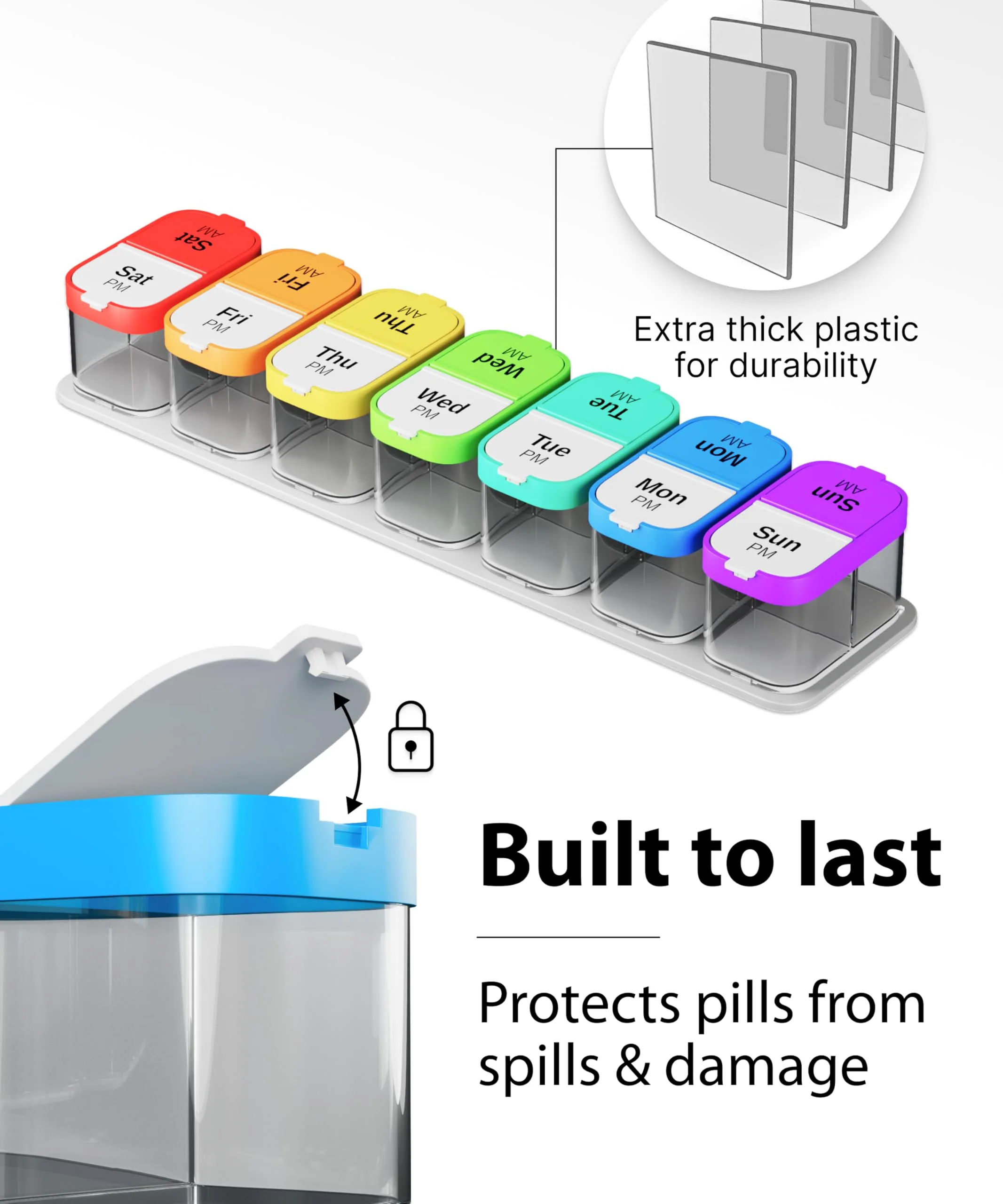 Extra Large Weekly Pill Organizer - XL Vitamin Holder with 7 Detachable AM PM Compartments - Portable Medicine Dispenser for Home and Travel, Big Supplement Container for Weekly or Daily Use, Rainbow - Image 2