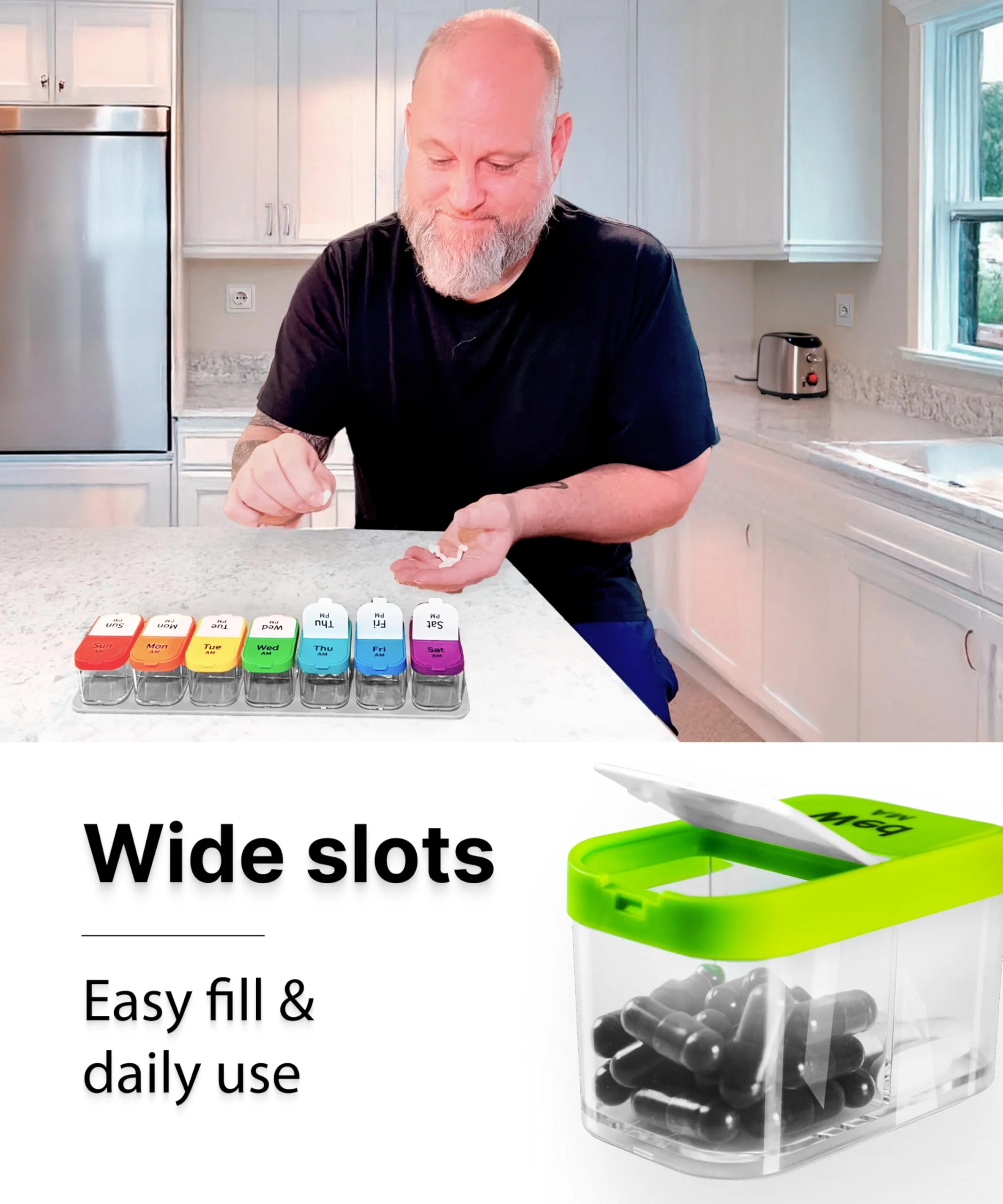 Extra Large Weekly Pill Organizer - XL Vitamin Holder with 7 Detachable AM PM Compartments - Portable Medicine Dispenser for Home and Travel, Big Supplement Container for Weekly or Daily Use, Rainbow - Image 4
