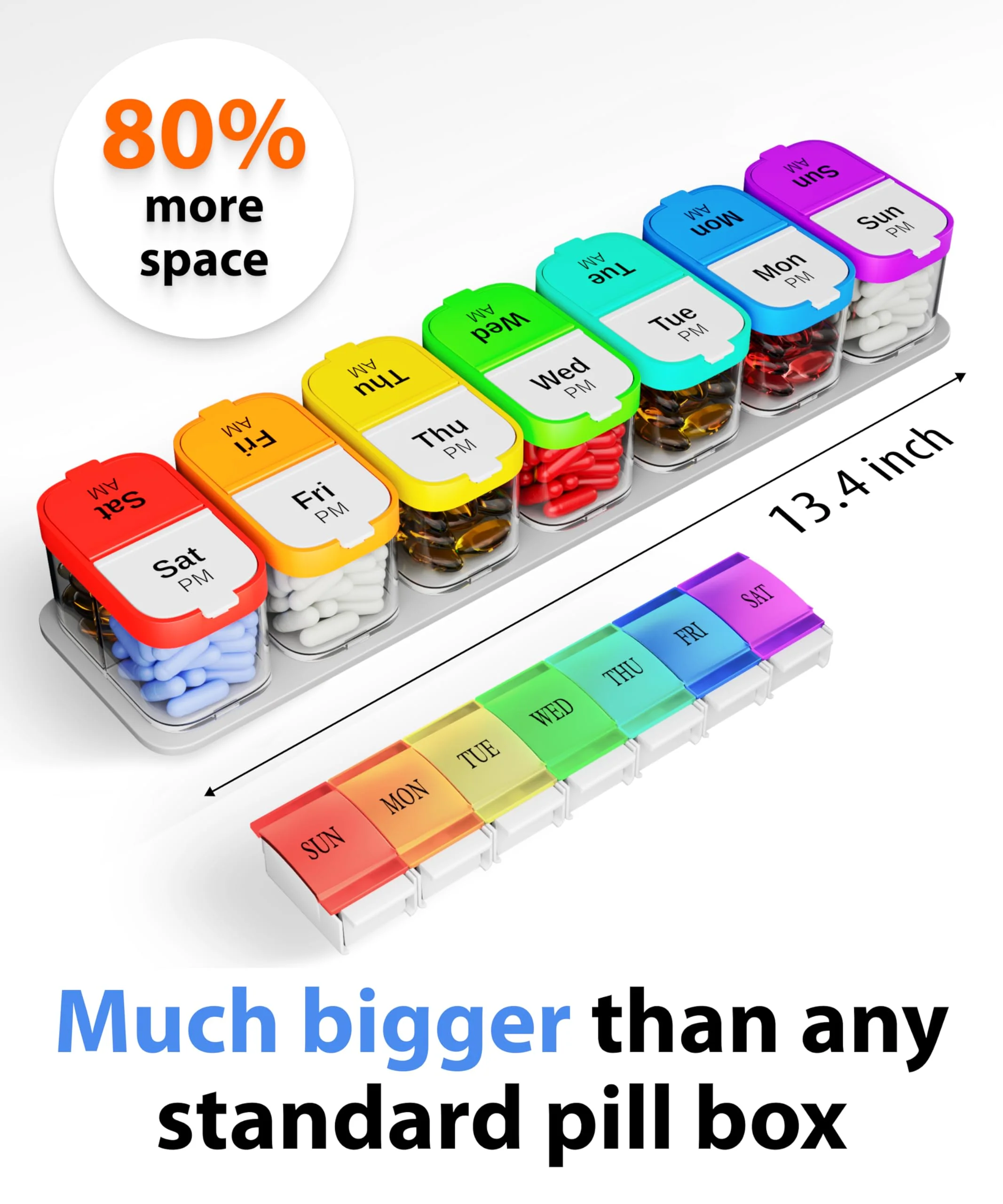 Extra Large Weekly Pill Organizer - XL Vitamin Holder with 7 Detachable AM PM Compartments - Portable Medicine Dispenser for Home and Travel, Big Supplement Container for Weekly or Daily Use, Rainbow - Image 9