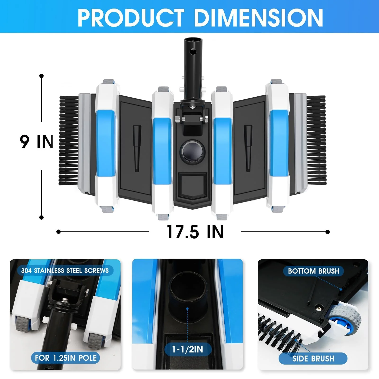 Extra-Wide 4LB Professional Weighted Vacuum Heads- Commercial-Grade Pool Vac Head with Direction-Control Handle,Brush & Wheels for Vinyl Liner-Deep Cleaning Inground & Above Ground Swimming Pool -Blue - Image 4