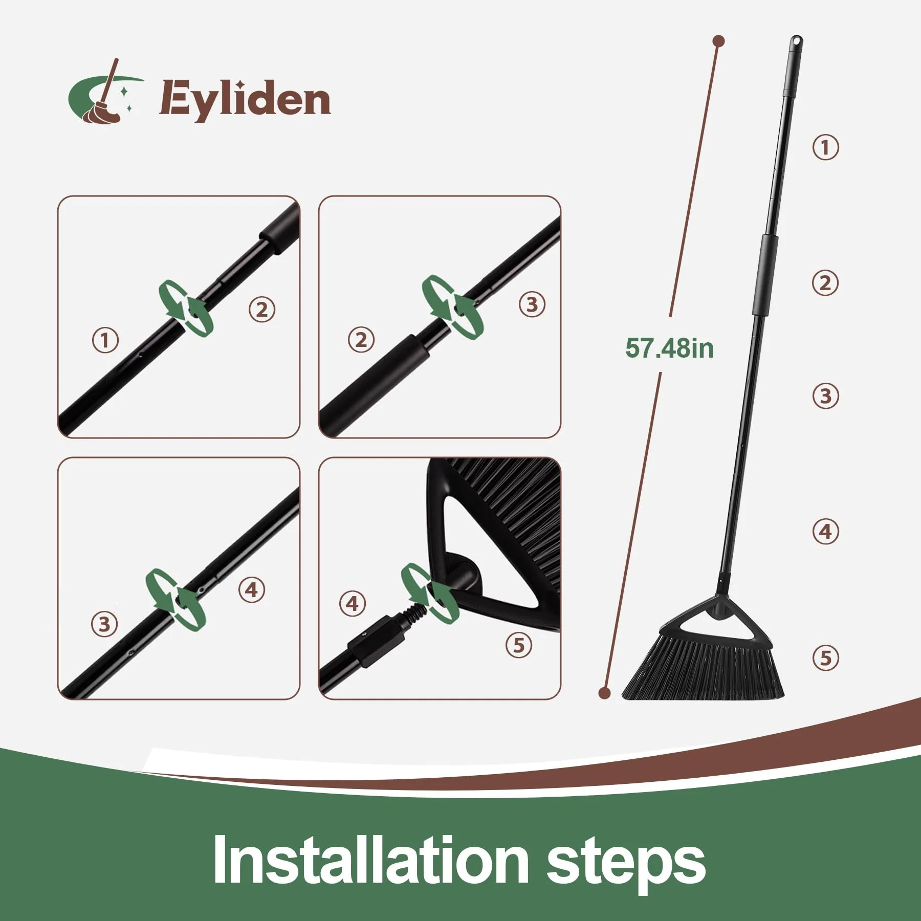 Eyliden Broom, Angle Broom with 57" Long Handle, PET Bristles - Fit Heavy-Duty Cleaning, Also Works Well Fine Dust - Commercial Outdoor Indoor Sweeper for Courtyard Sidewalk Deck Kitchen Lobby, Black - Image 2