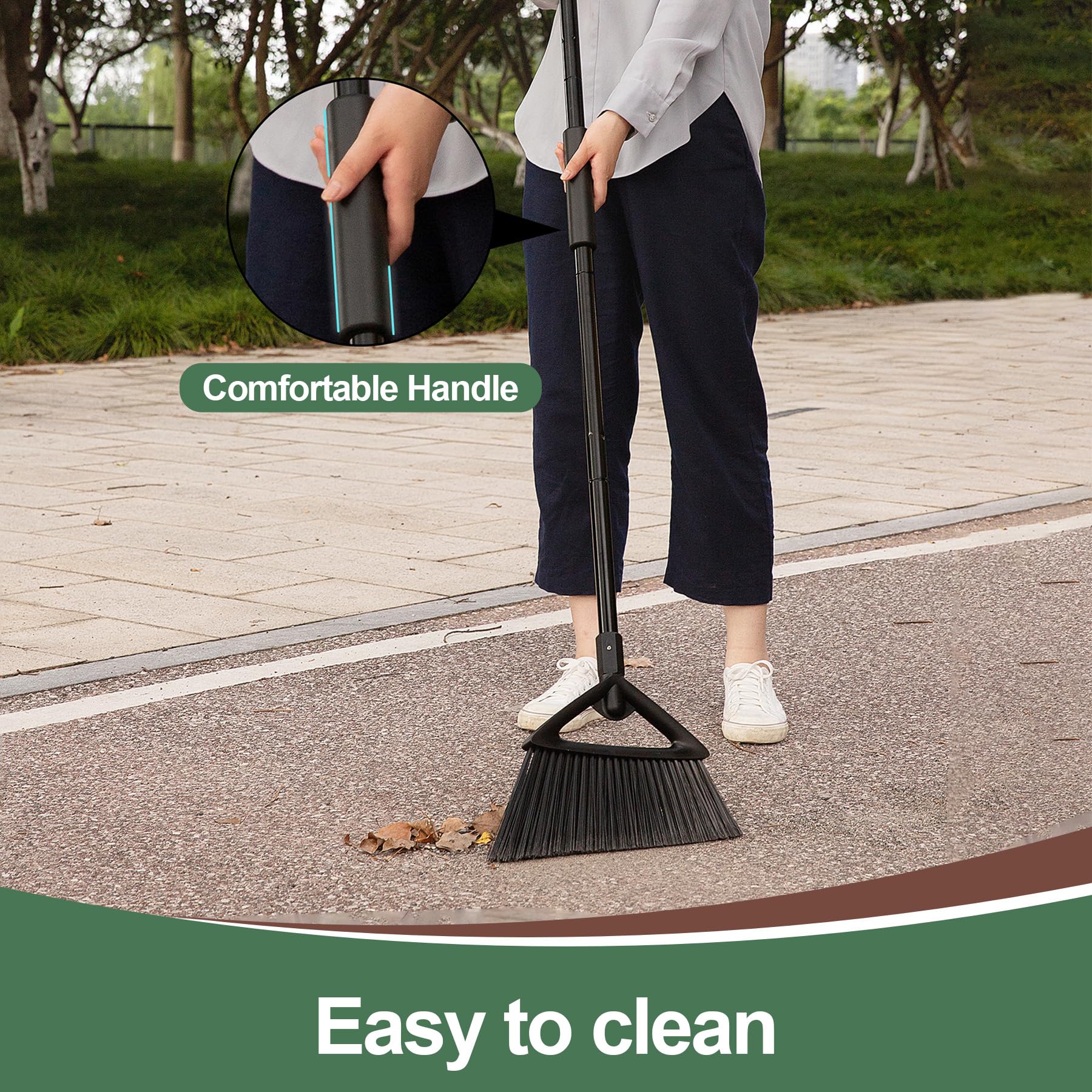 Eyliden Broom, Angle Broom with 57" Long Handle, PET Bristles - Fit Heavy-Duty Cleaning, Also Works Well Fine Dust - Commercial Outdoor Indoor Sweeper for Courtyard Sidewalk Deck Kitchen Lobby, Black - Image 3