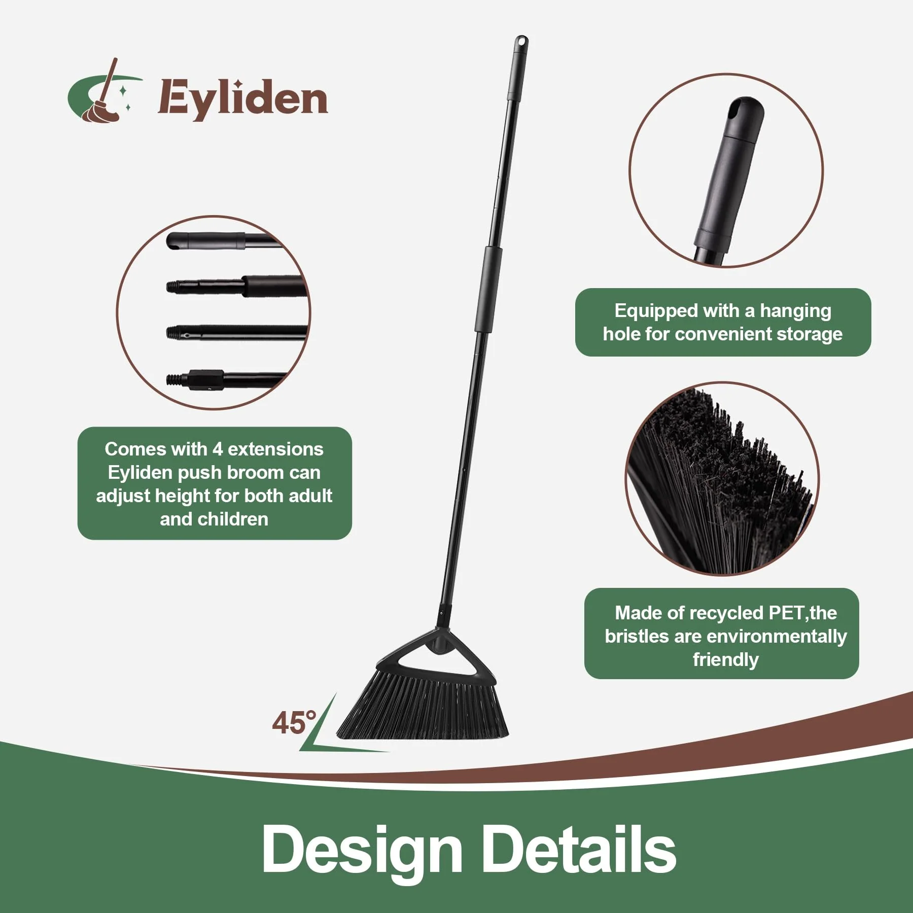 Eyliden Broom, Angle Broom with 57" Long Handle, PET Bristles - Fit Heavy-Duty Cleaning, Also Works Well Fine Dust - Commercial Outdoor Indoor Sweeper for Courtyard Sidewalk Deck Kitchen Lobby, Black - Image 4