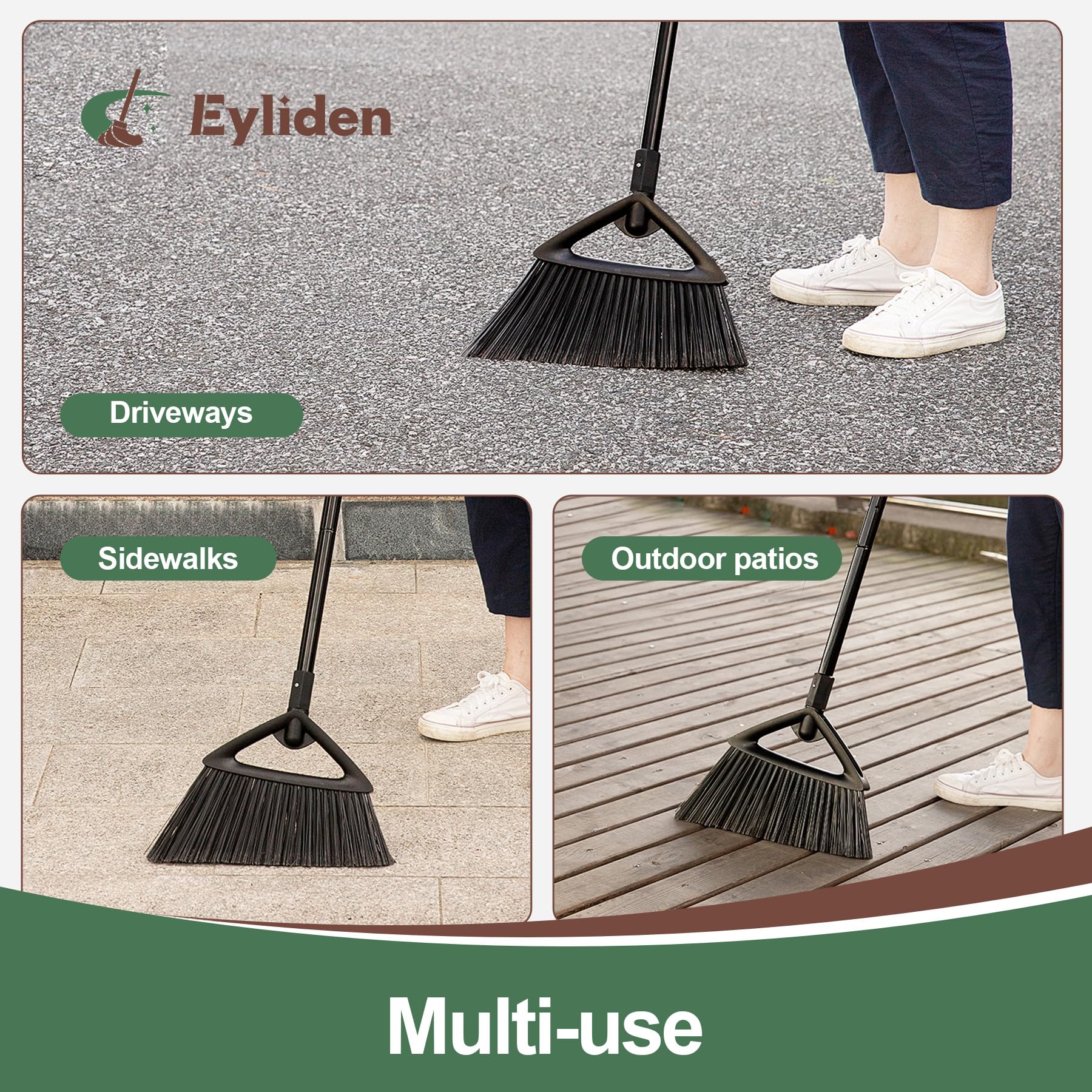 Eyliden Broom, Angle Broom with 57" Long Handle, PET Bristles - Fit Heavy-Duty Cleaning, Also Works Well Fine Dust - Commercial Outdoor Indoor Sweeper for Courtyard Sidewalk Deck Kitchen Lobby, Black - Image 6