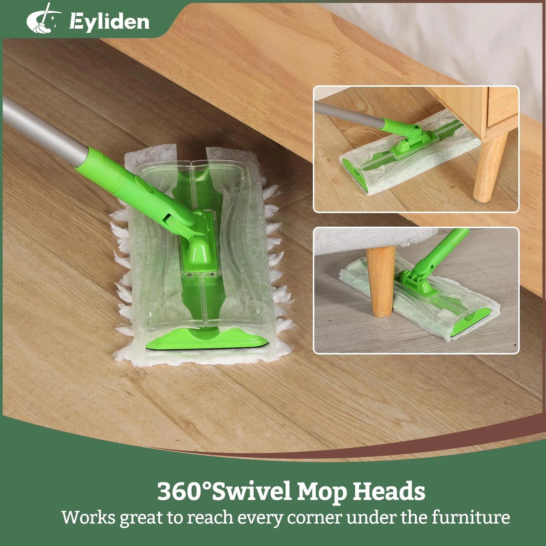 Eyliden Sweeper Mop with 36 Refills - 3 Types of Disposable Dry & Wet Cloths | Lock-Tight Design No Lost Pads, Universal Refills, Multi-Surface Sweeping Starter Kit for Pet Hair, Dust, Floor Cleaning - Image 2
