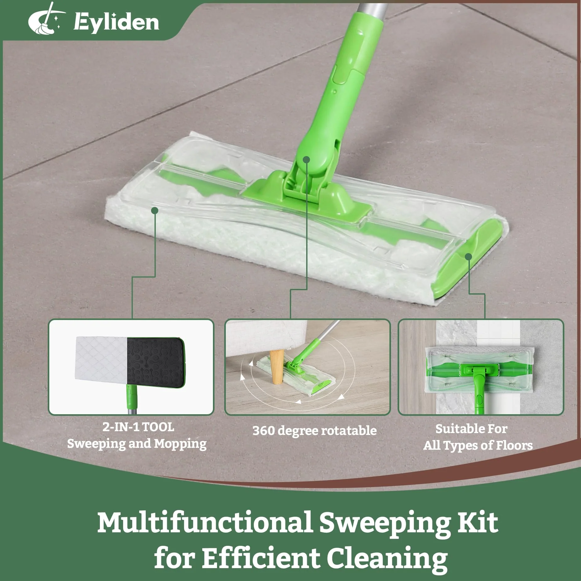 Eyliden Sweeper Mop with 36 Refills - 3 Types of Disposable Dry & Wet Cloths | Lock-Tight Design No Lost Pads, Universal Refills, Multi-Surface Sweeping Starter Kit for Pet Hair, Dust, Floor Cleaning - Image 5