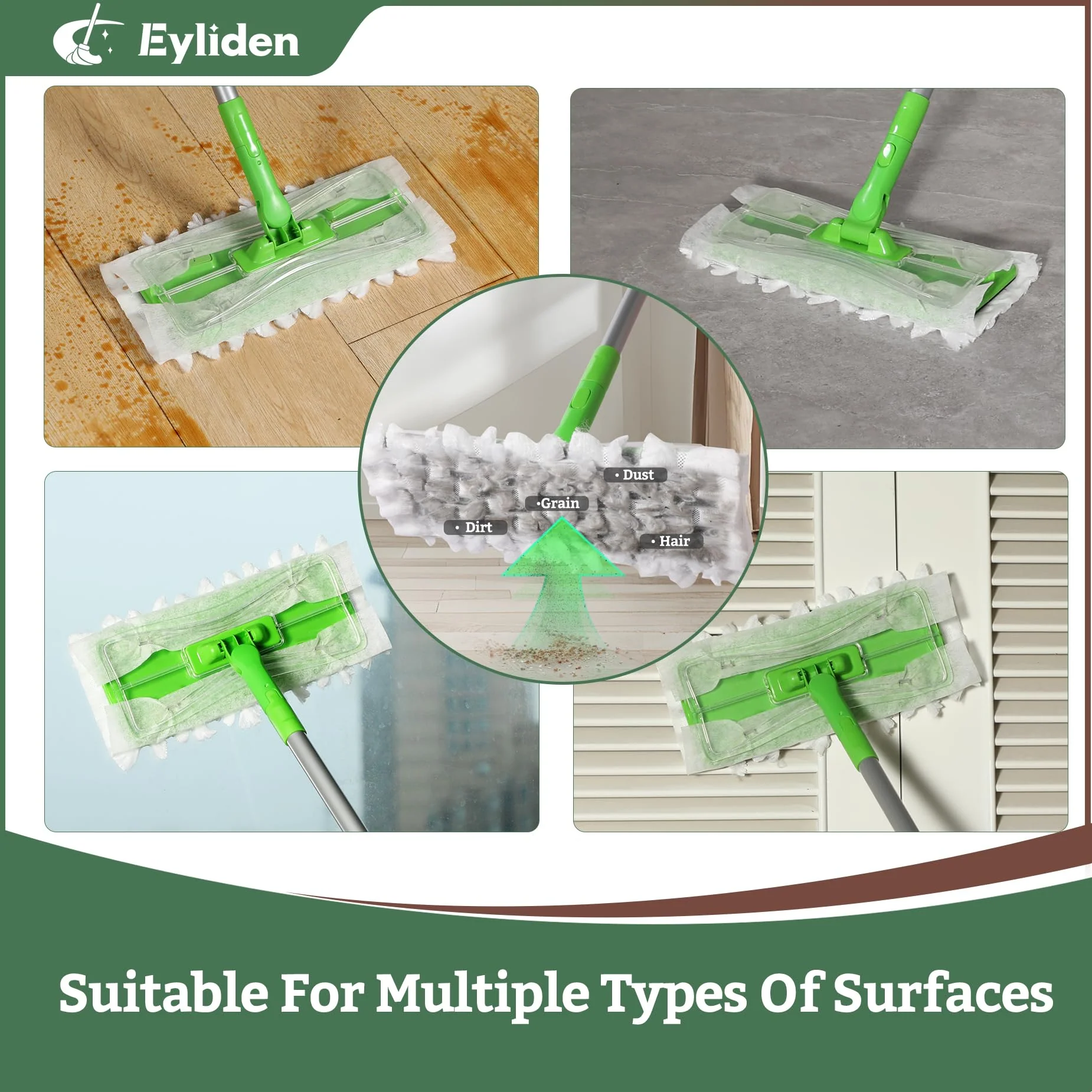 Eyliden Sweeper Mop with 36 Refills - 3 Types of Disposable Dry & Wet Cloths | Lock-Tight Design No Lost Pads, Universal Refills, Multi-Surface Sweeping Starter Kit for Pet Hair, Dust, Floor Cleaning - Image 7