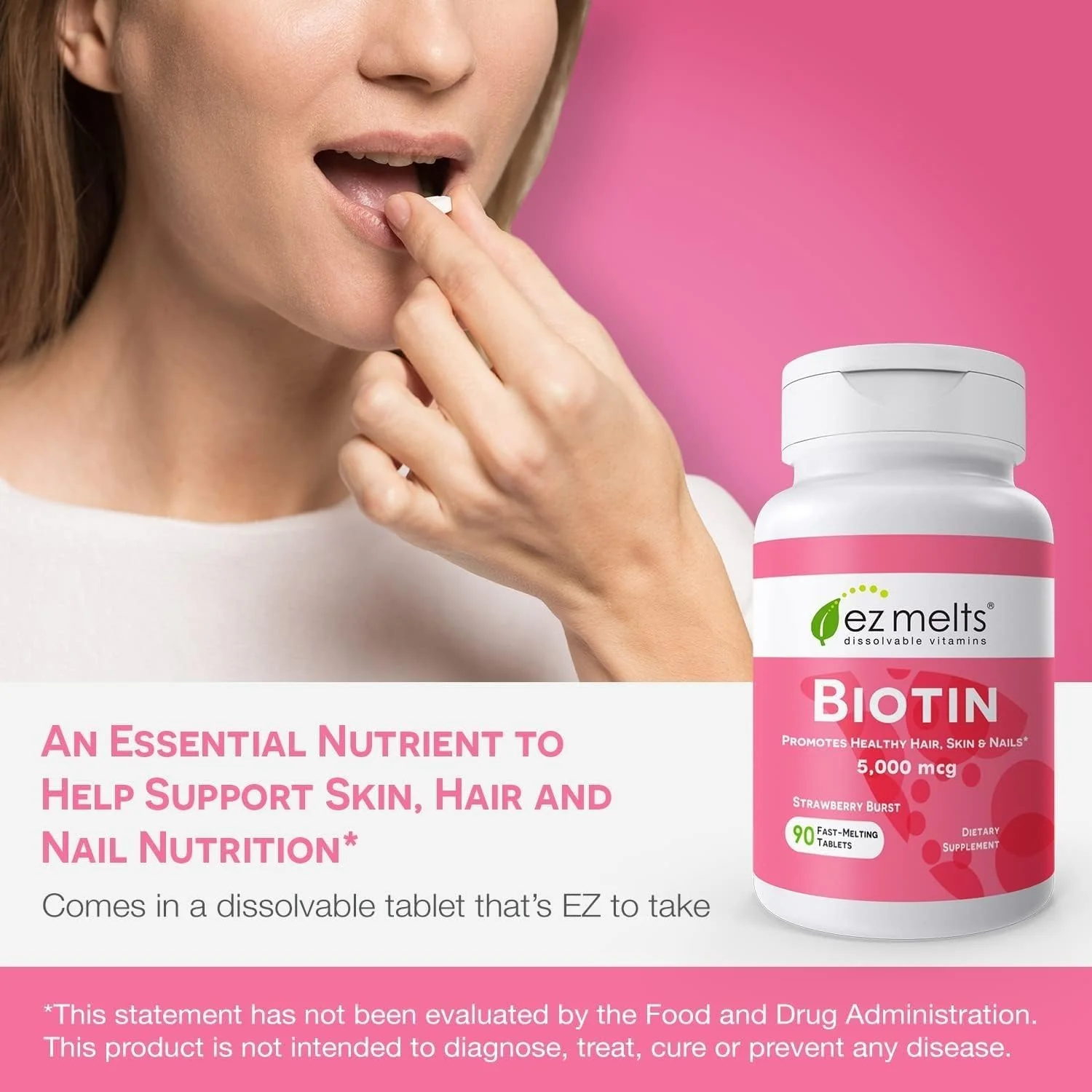 EZ Melts Biotin - Daily Vitamin B7 for Healthy Hair, Skin & Nails - Energy Metabolism Support - No Artificial Flavors - Non-GMO & Vegan - Strawberry Burst - 180 Dissolvable Tablets (180 Servings) - Image 6