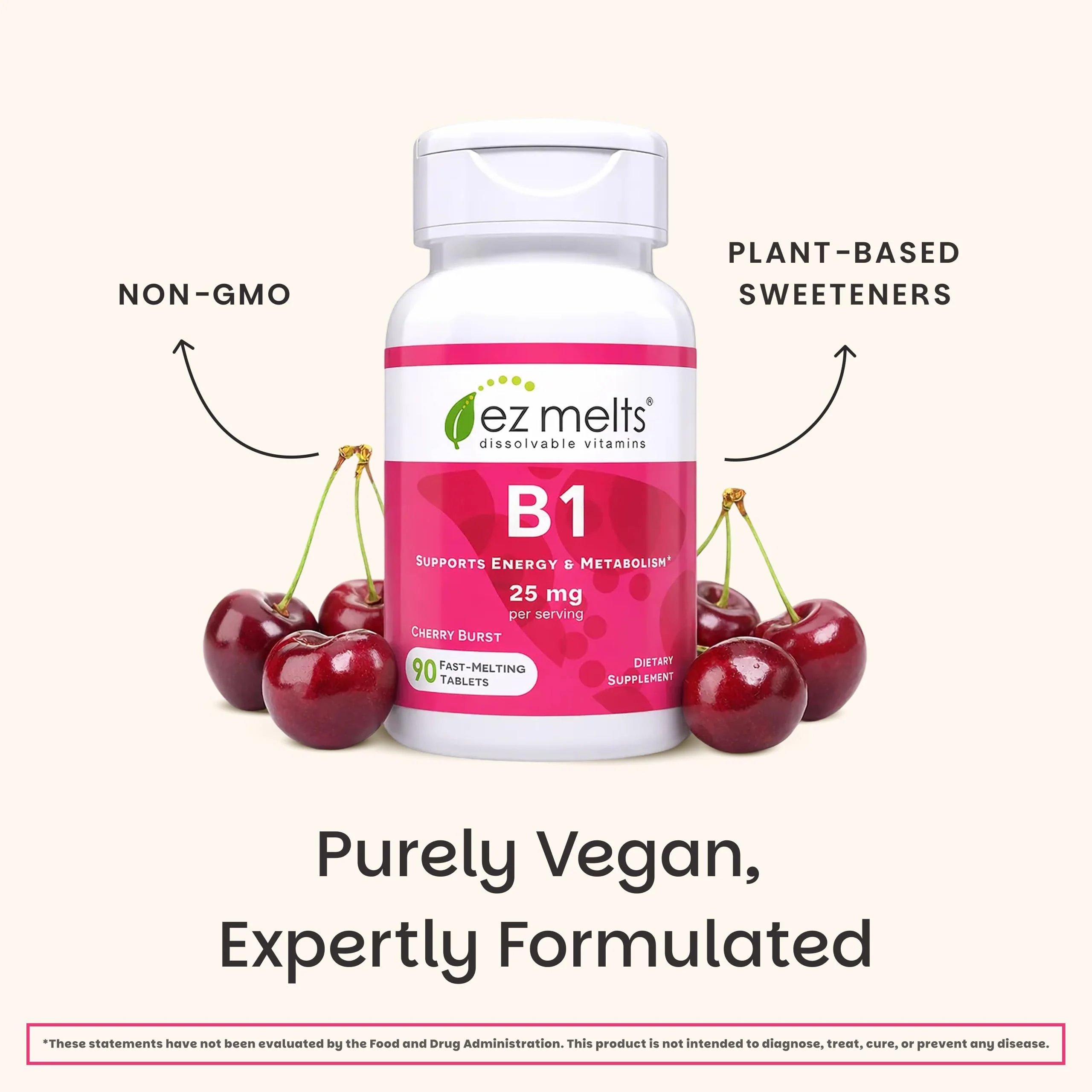 EZ Melts Dissolvable Vitamin B1 25 mg - Thiamin Supplement for Energy, Stress & Cellular Support - No Artificial Flavors - Non-GMO & Vegan - Cherry Burst - 90 Dissolvable Tablets (45 Servings) - Image 5
